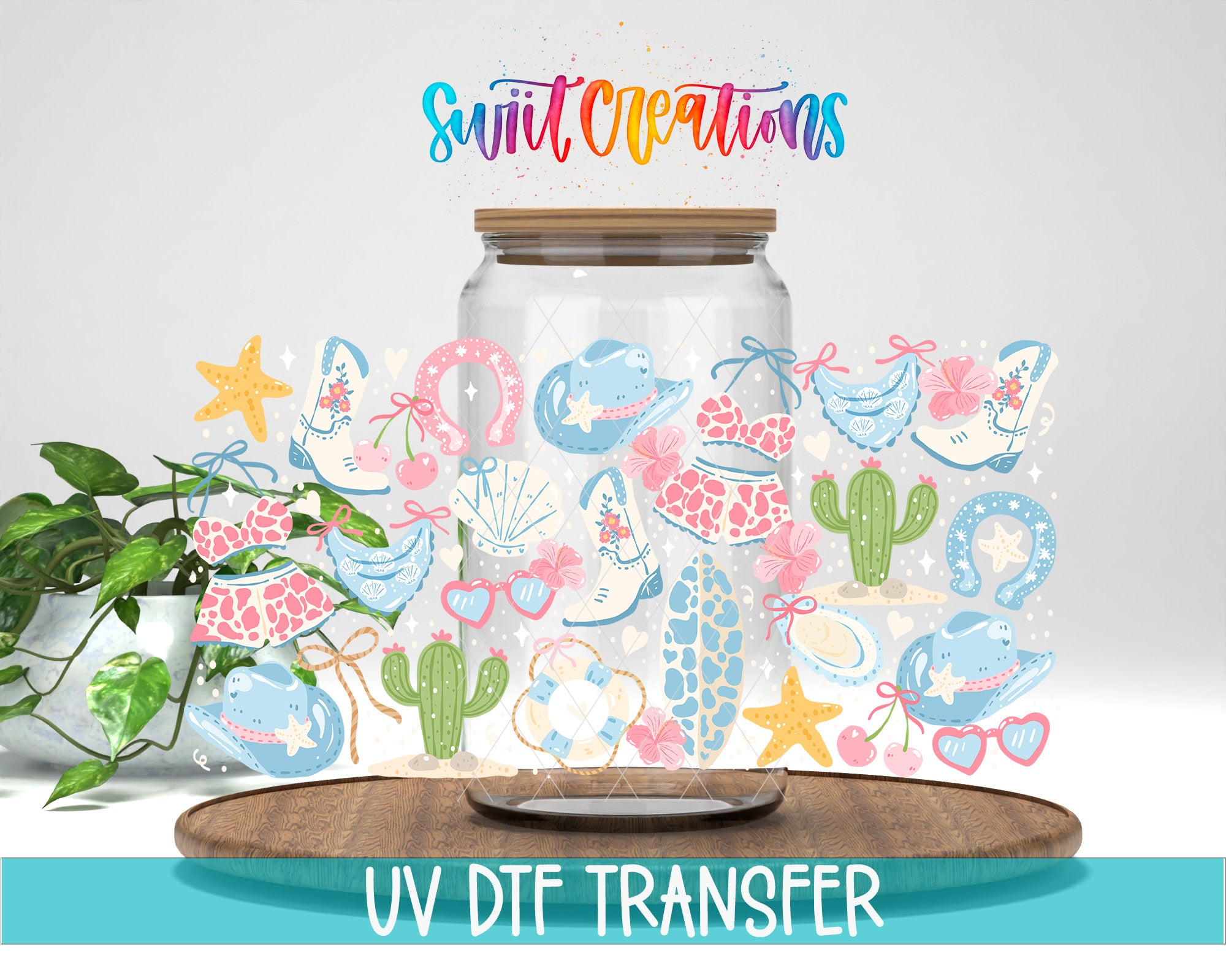 a glass jar filled with various colorful illustrations, including a starfish, cactus, and other whimsical objects, along with the text "Swift Creations" and "UV Dtf Transfer".
