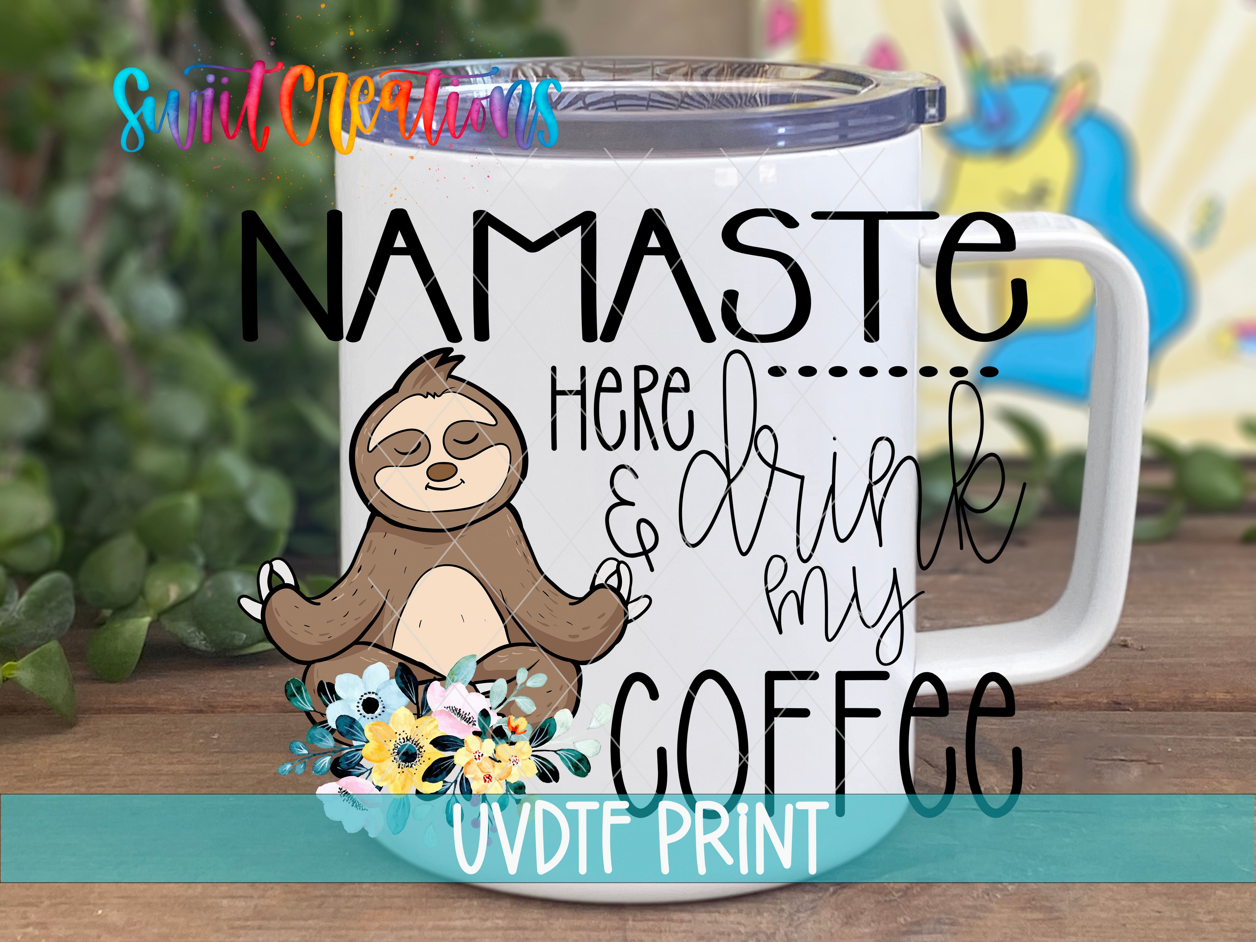 a white coffee mug with a slotty on it