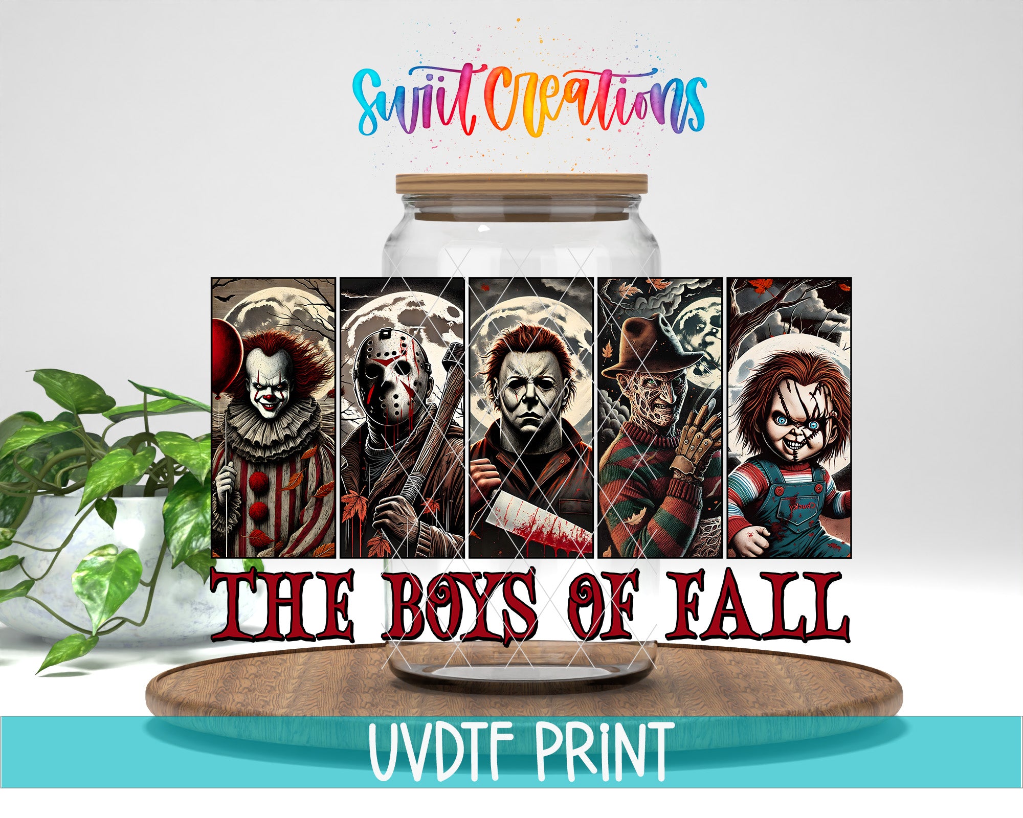a glass jar with a picture of clowns inside of it
