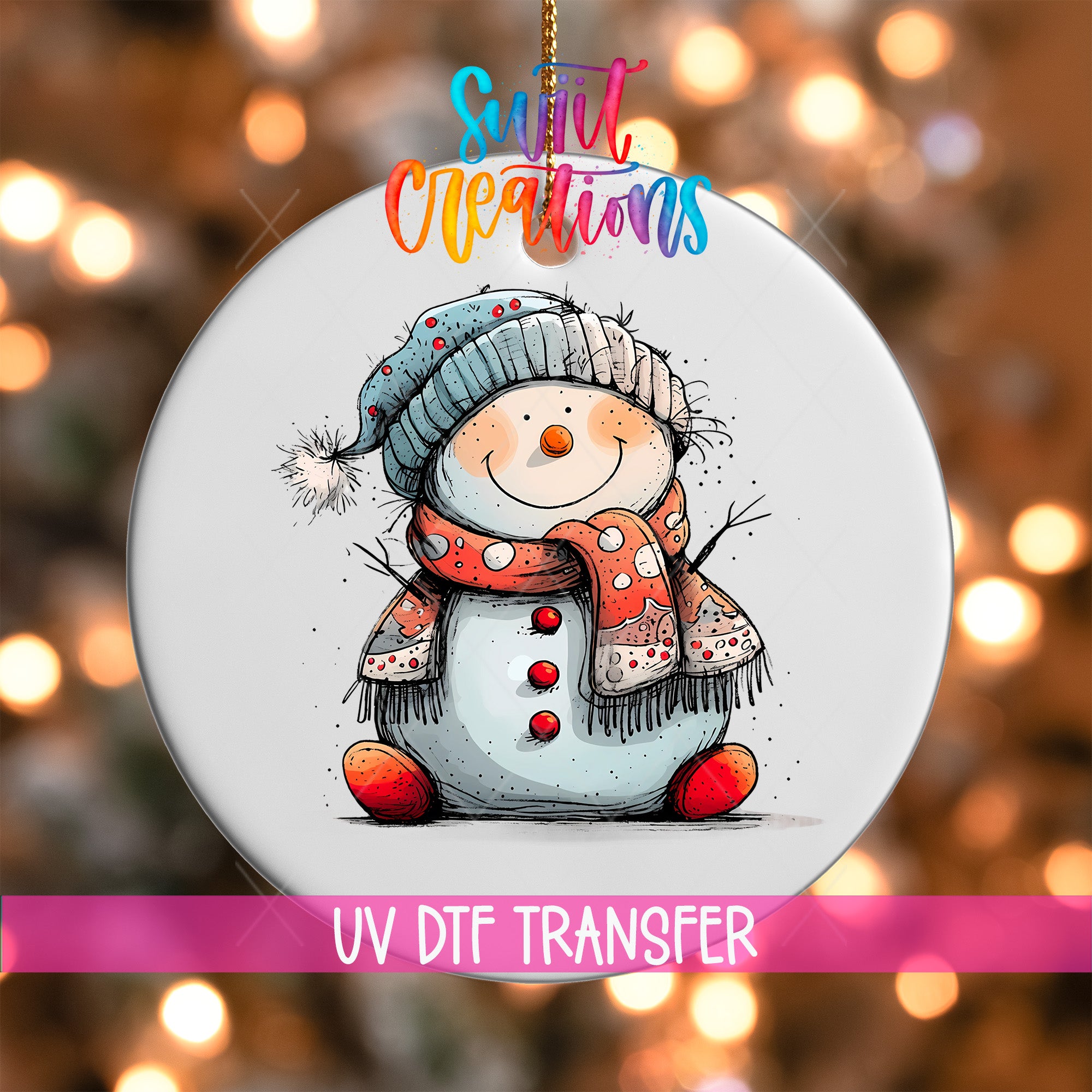 A snowman ornament with a scarf and hat, sitting on a white background with a colorful background.