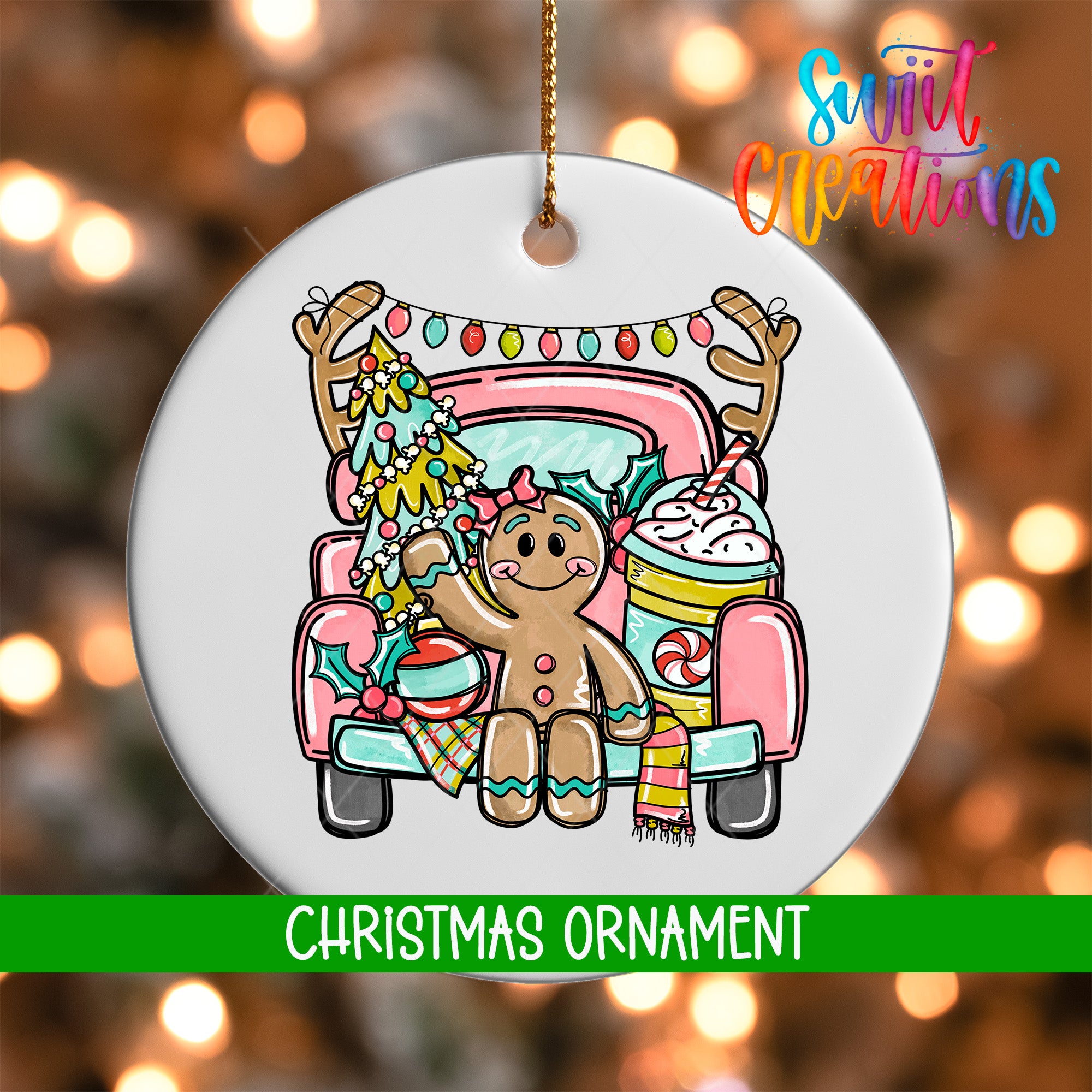 A Christmas ornament featuring a gingerbread man sitting in the back of a truck, surrounded by Christmas decorations such as a Christmas tree and ornaments.