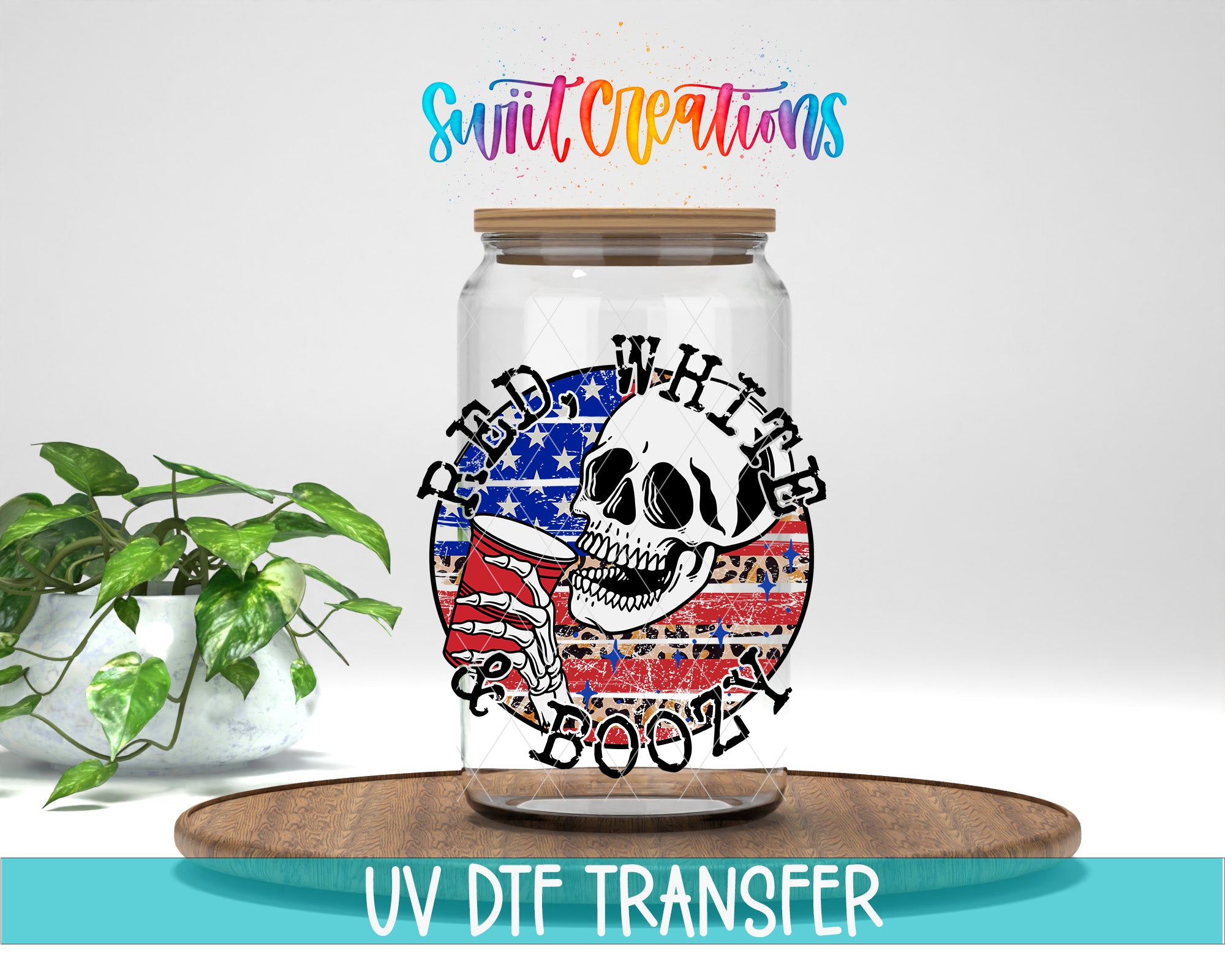 a glass jar with a skull design and the text "Read White Beer" printed on it, placed on a wooden surface.