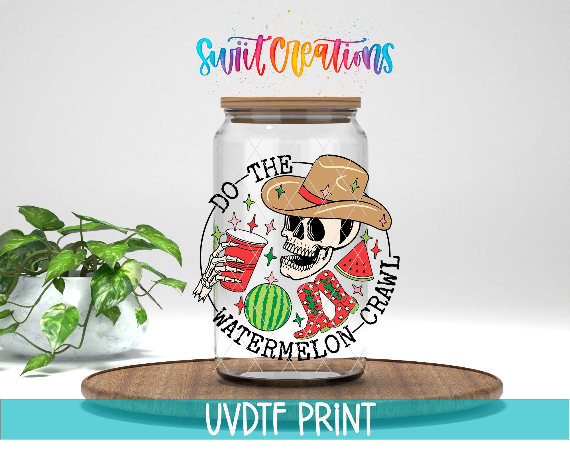 a glass jar with a skull wearing a cowboy hat and holding a watermelon, surrounded by various other objects, such as a potted plant and a wooden tray.