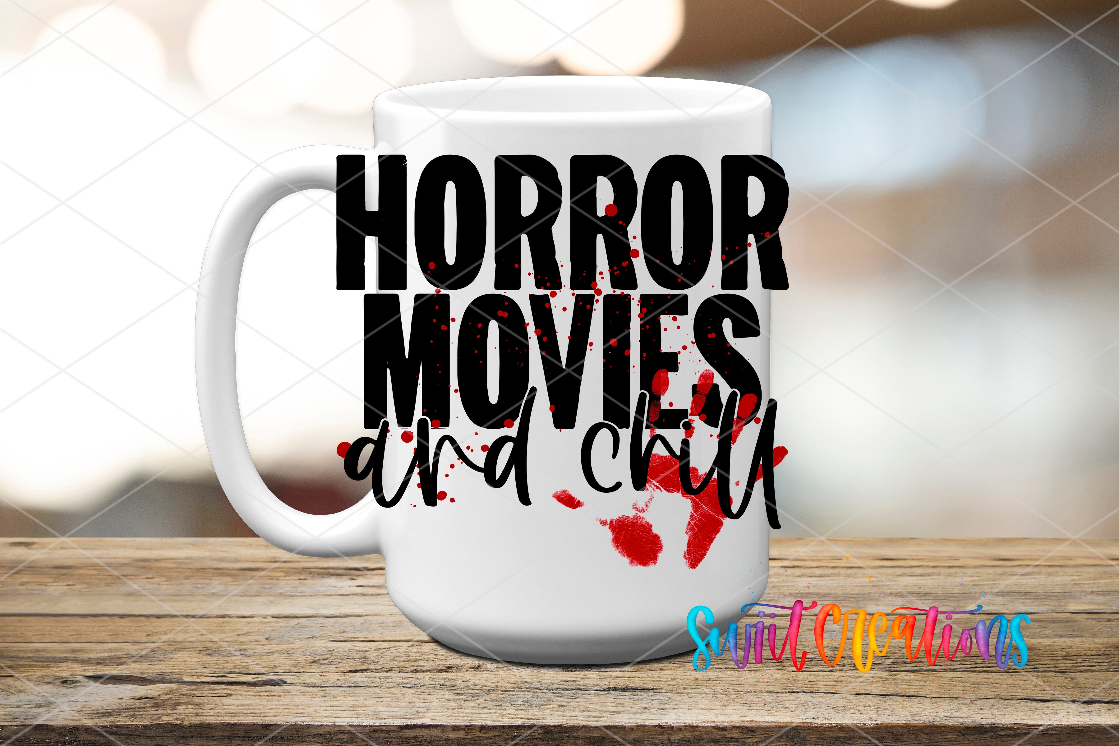 Swiit Creations UV DTF Horror Movies and Chill transfer applied to a white ceramic mug