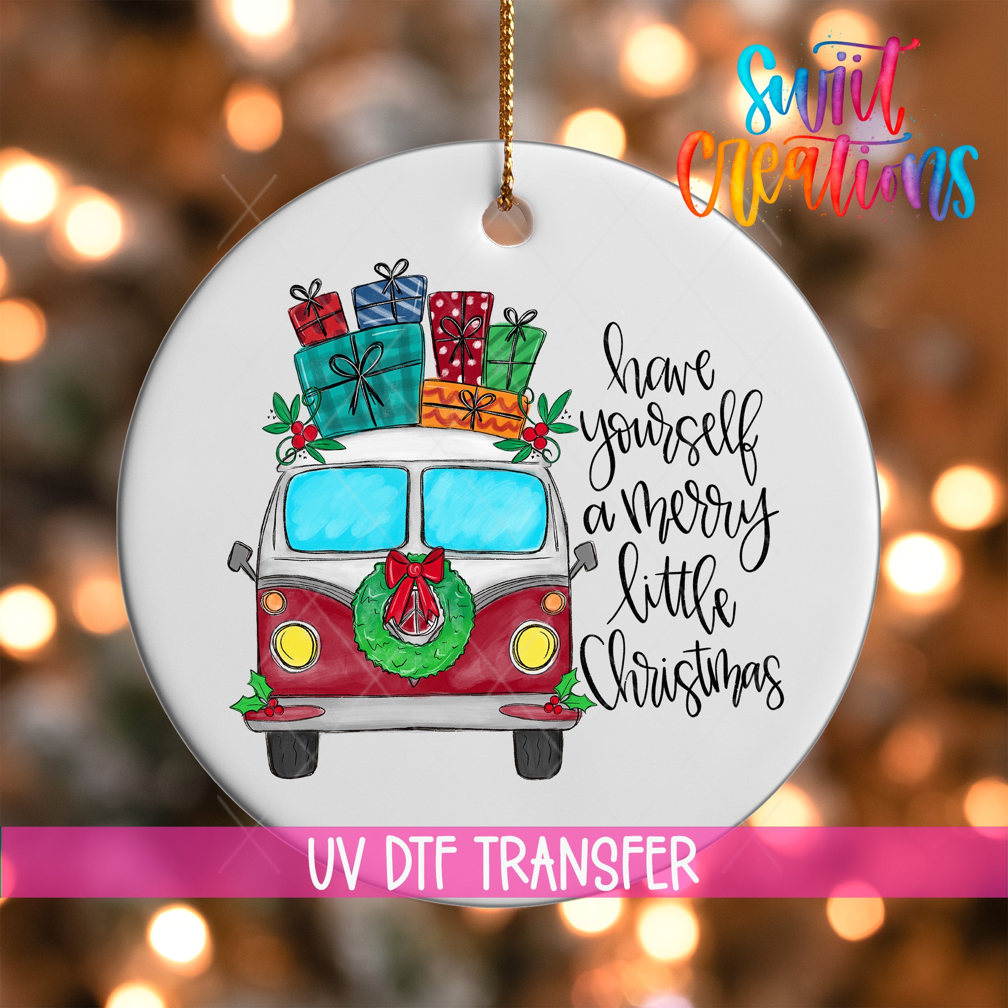 A white ornament with a red and white van decorated with Christmas presents and a wreath, along with the text "Have yourself a merry little Christmas" and "UV Dtf Transfer".