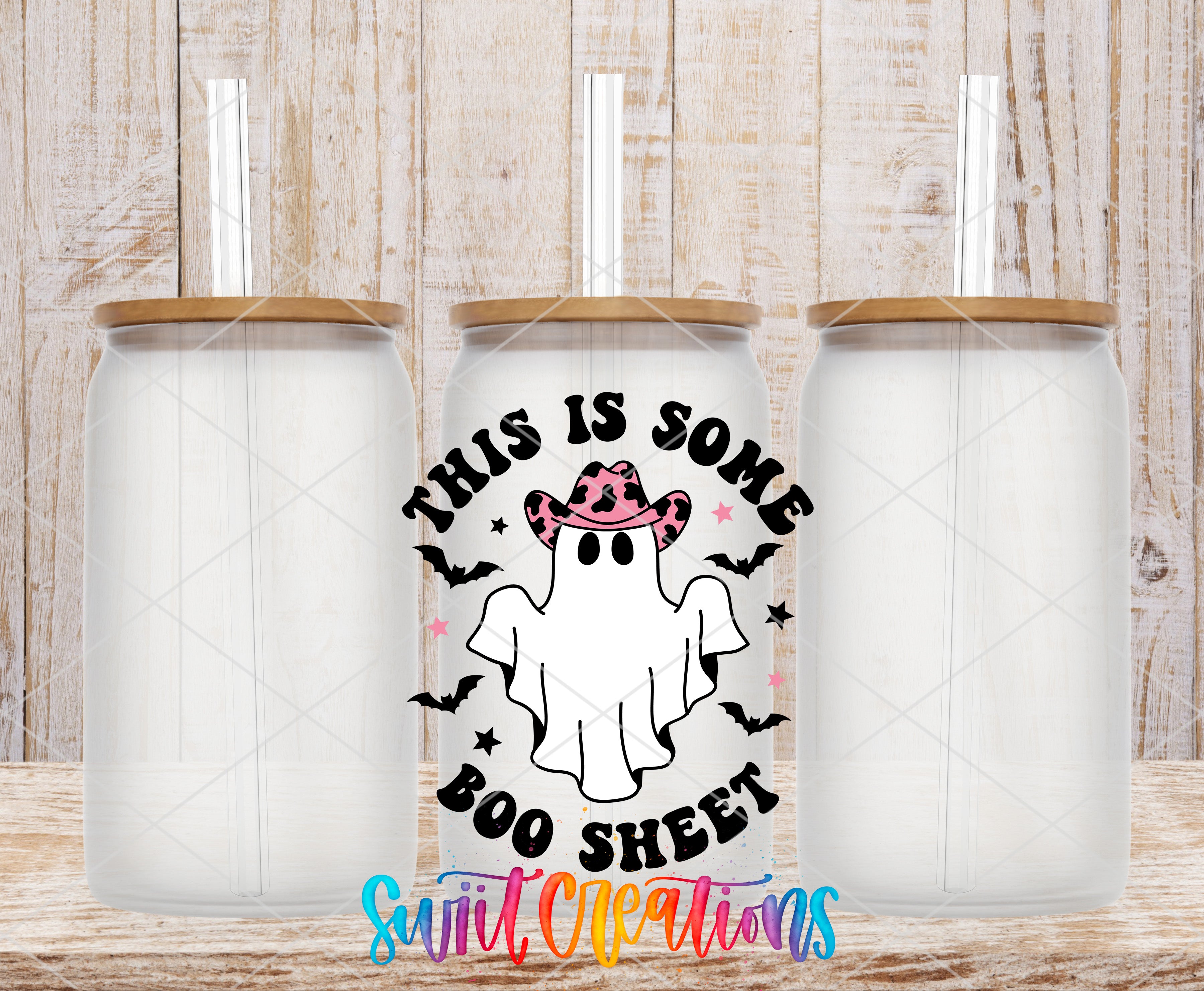 Swiit Creations UV DTF This Is Some Boo Sheet Ghost transfer shown on a clear glass can set