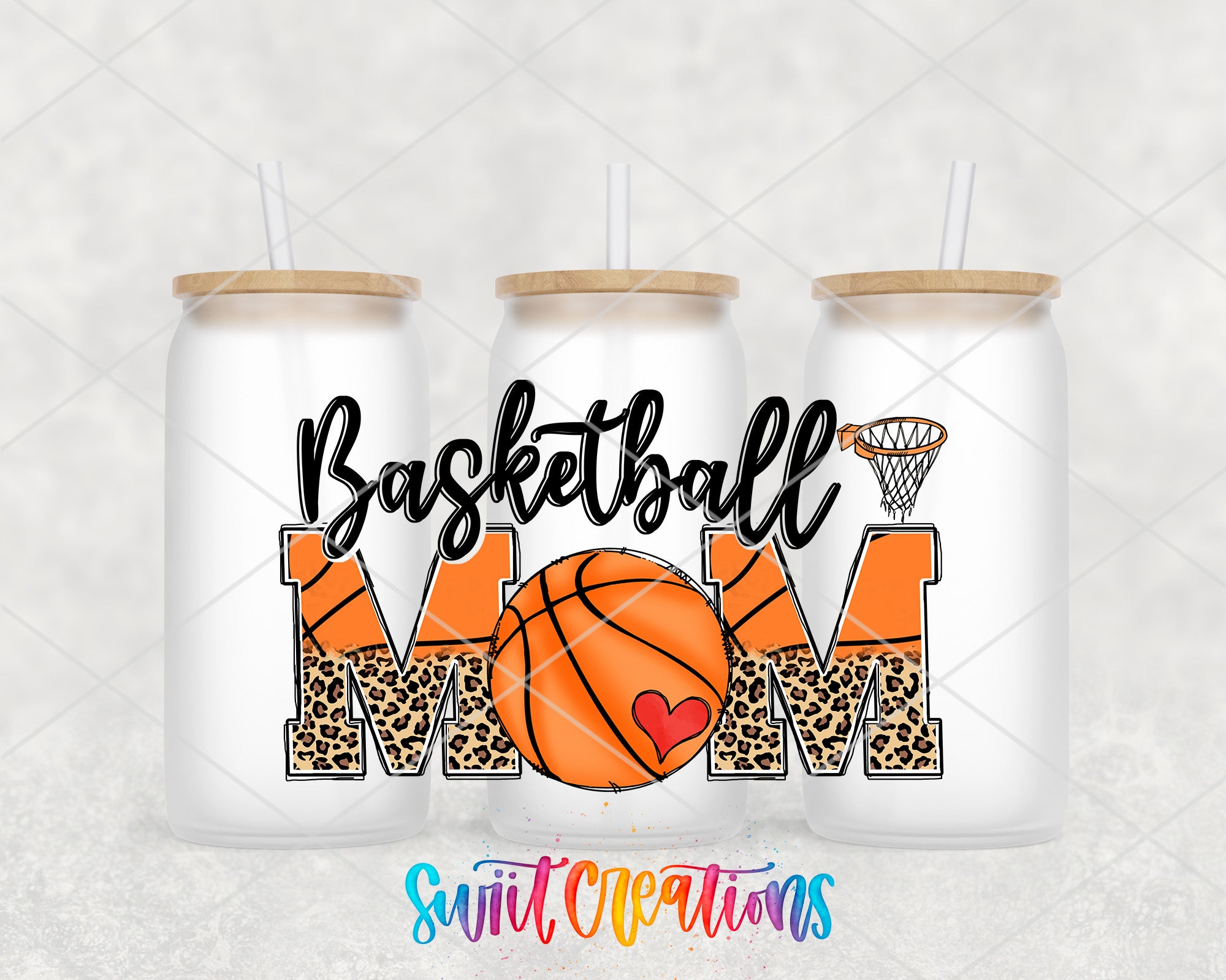 two mason jars with a basketball mom design on them