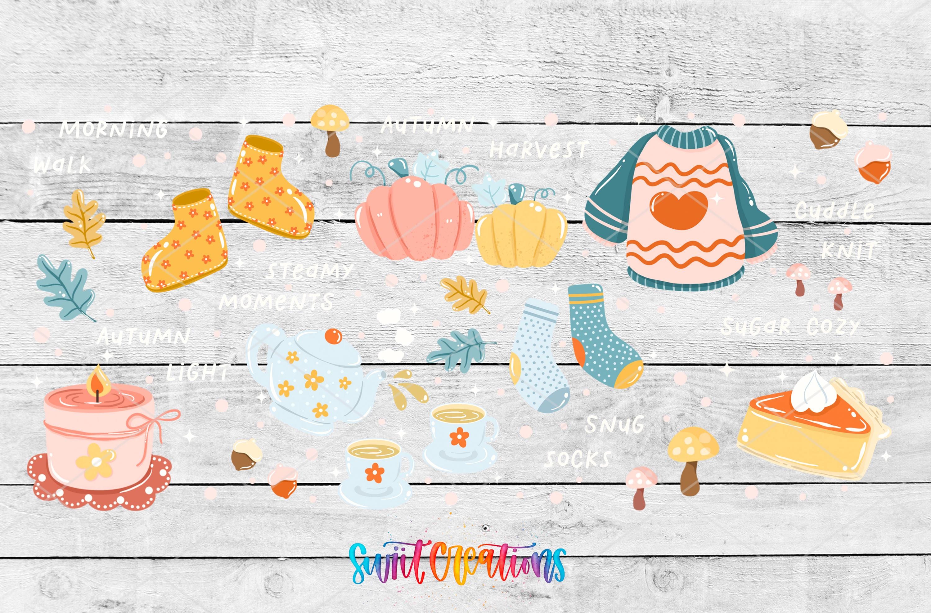 The image is a collage of various fall-themed items and illustrations, including boots, pumpkins, a sweater, a teapot, a candle, a pie, and other seasonal objects.