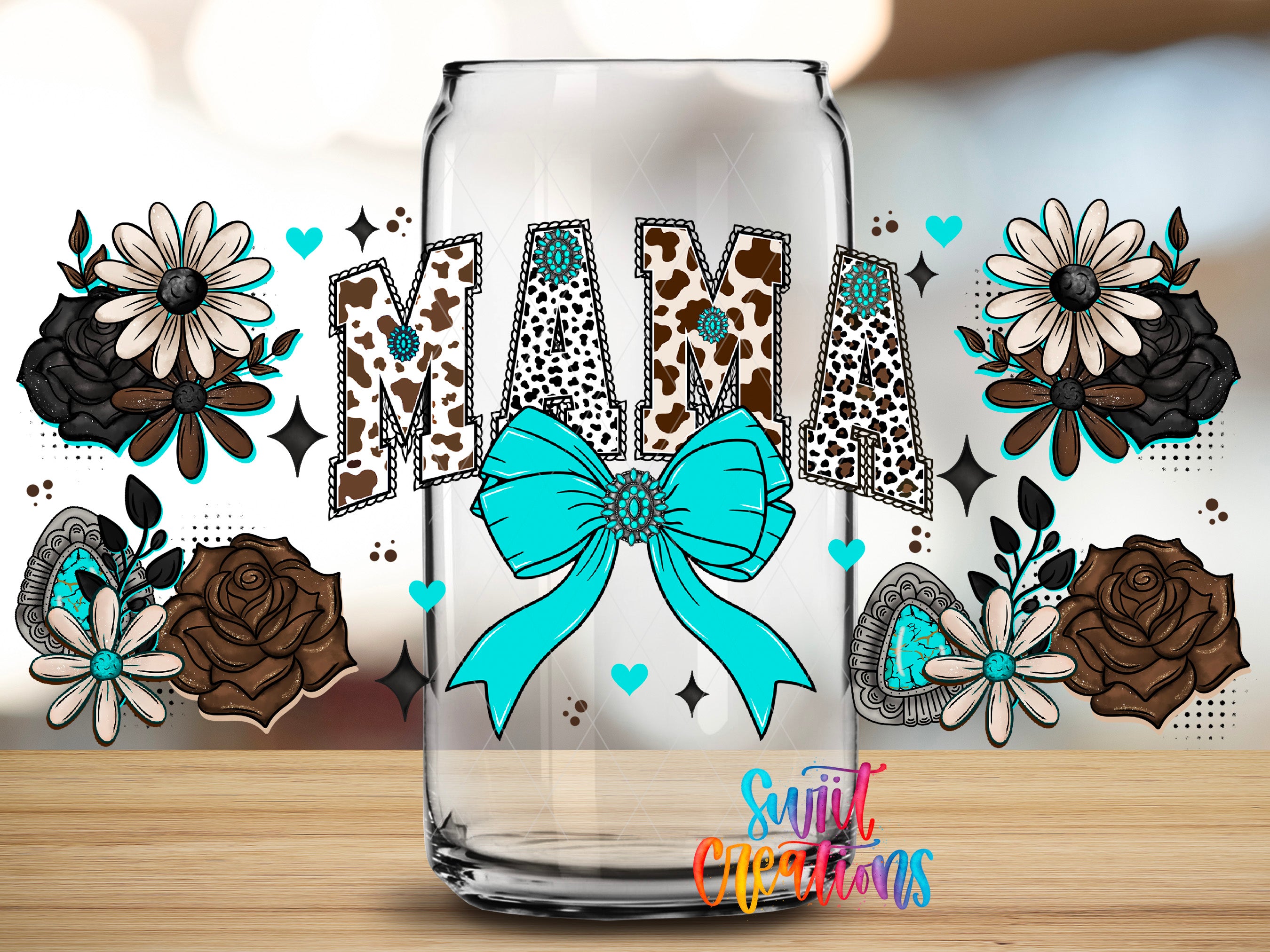 A glass can with the word "Mama" written on it, surrounded by various floral and heart-shaped designs in shades of brown, white, and teal.