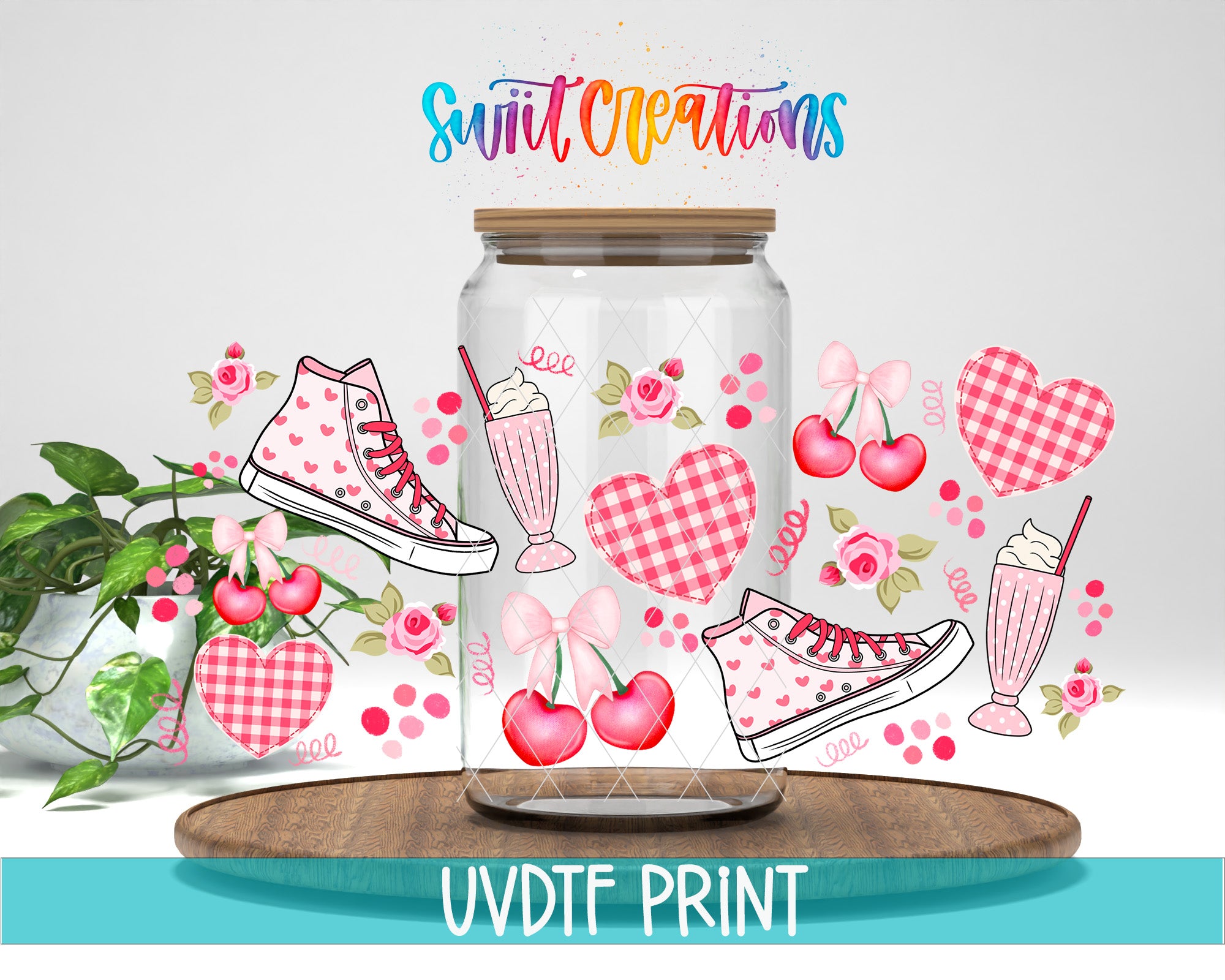 a glass jar filled with hearts and cherries