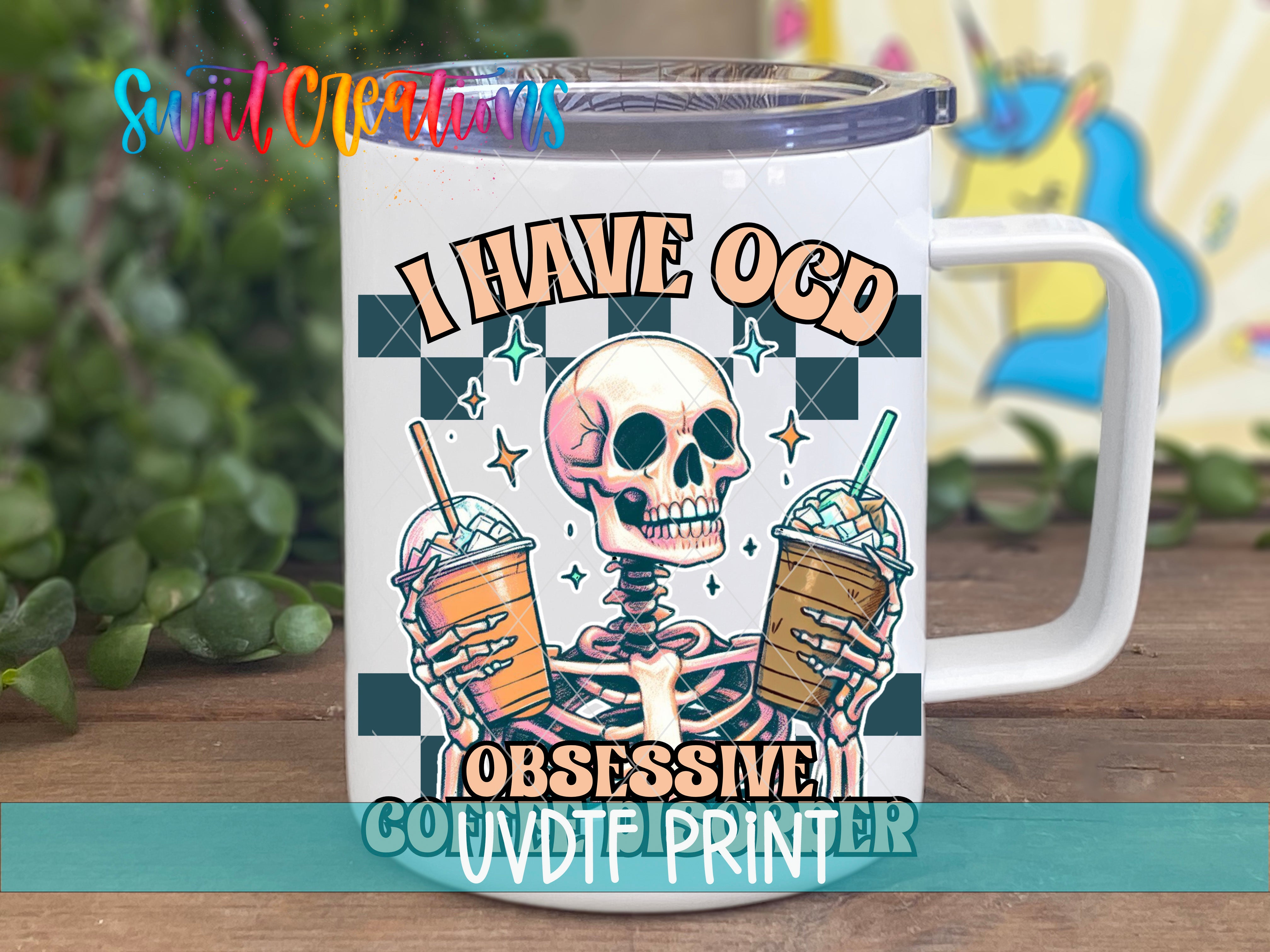 a white coffee mug with a skeleton holding two drinks