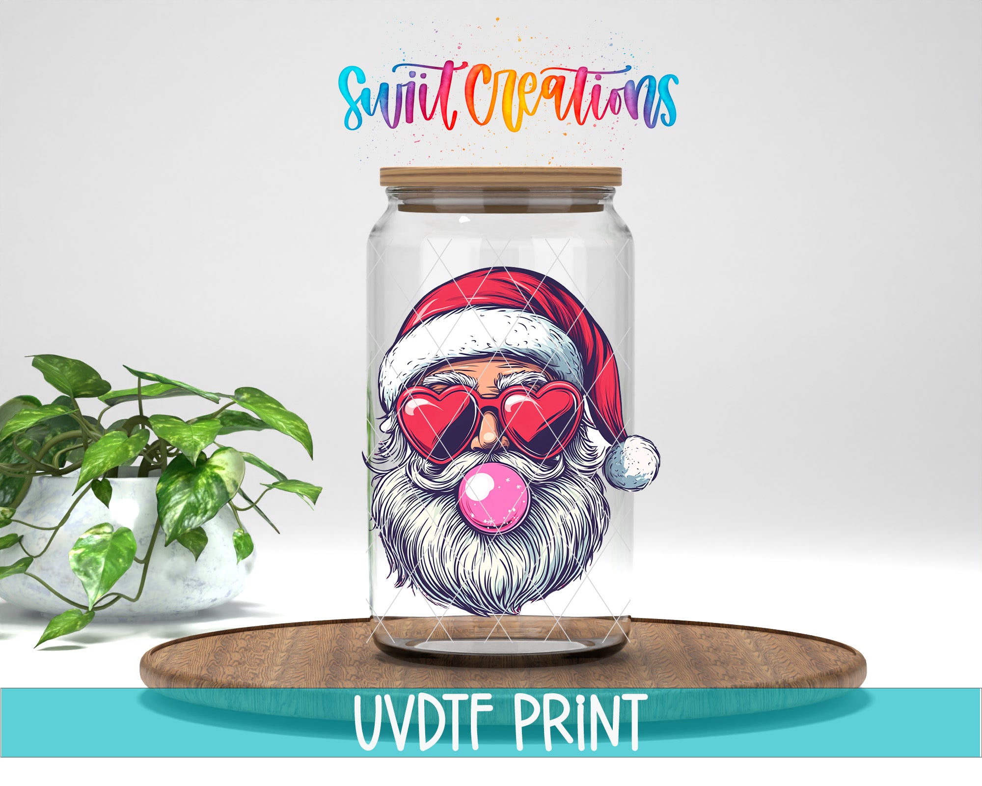 a glass jar with a santa clause on it