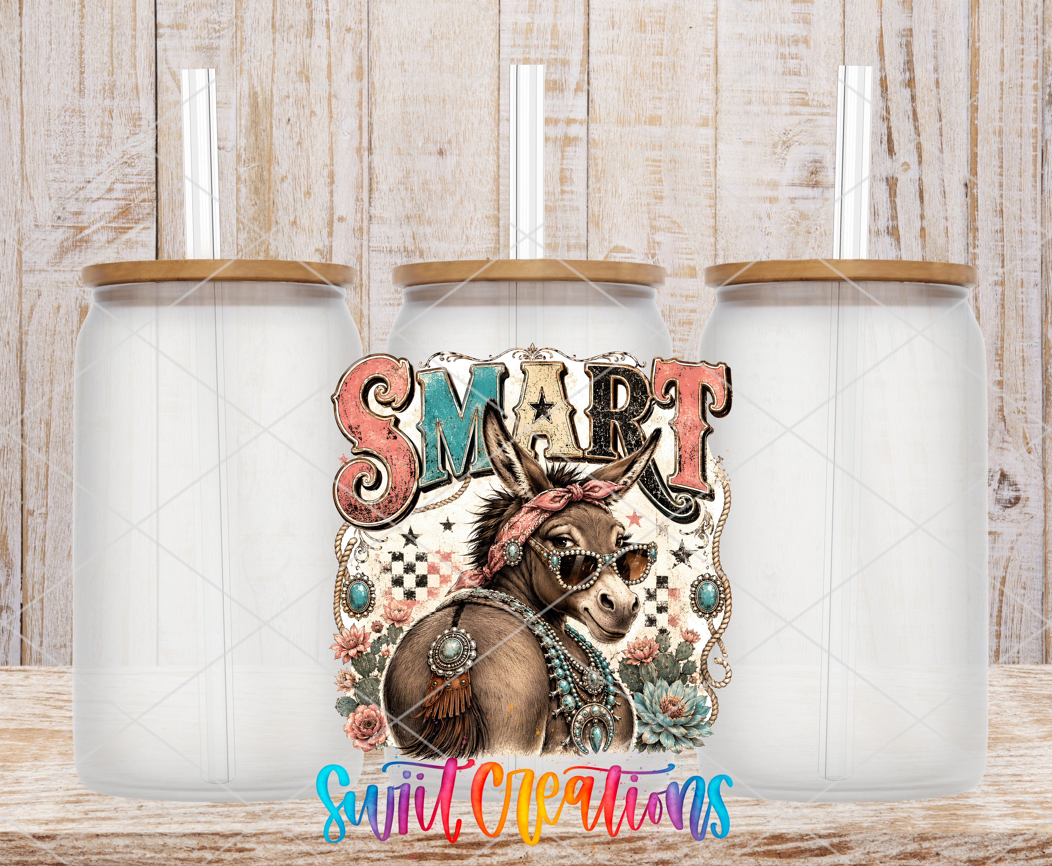 three glass jars with lids, each containing a straw. In the center of the image, there is a colorful illustration of a donkey wearing sunglasses and a bandana, with the word "SMART" written above it. The background of the image is a wooden wall.