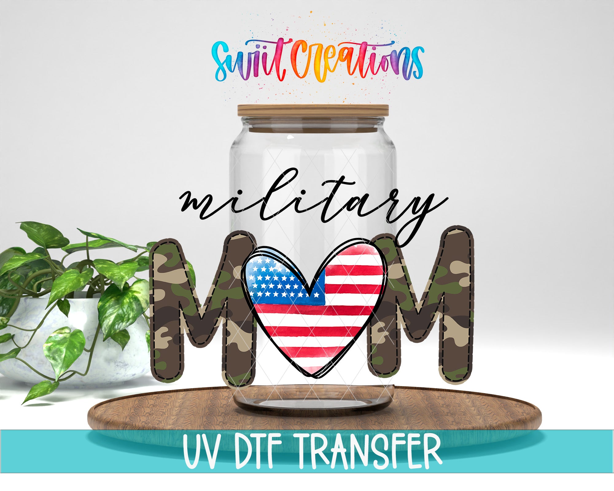 a jar with a heart-shaped design and the word "MOM" written on it, along with a plant and a wooden tray.