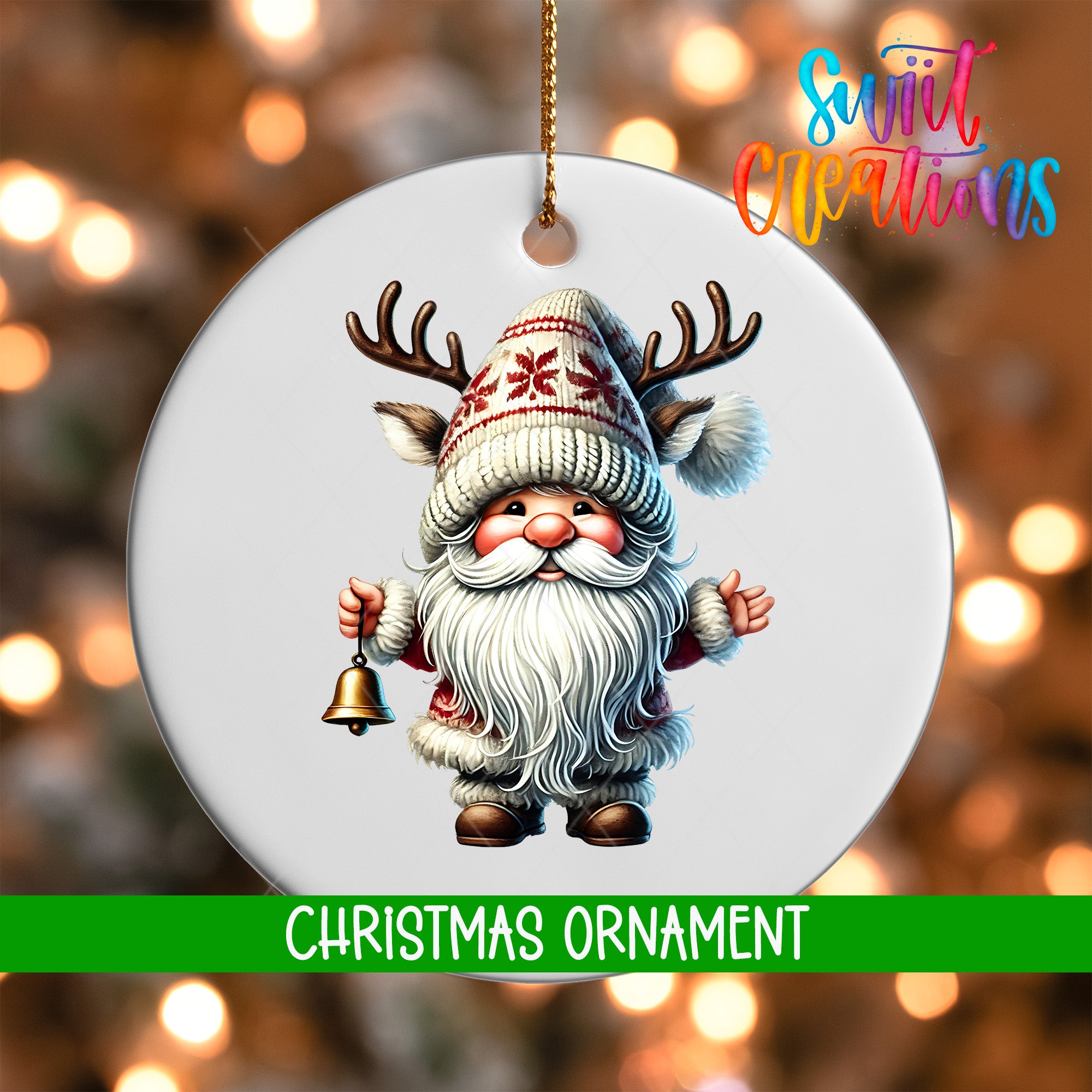 A Christmas ornament featuring a gnome with antlers and a bell, set against a blurred background with Christmas lights.