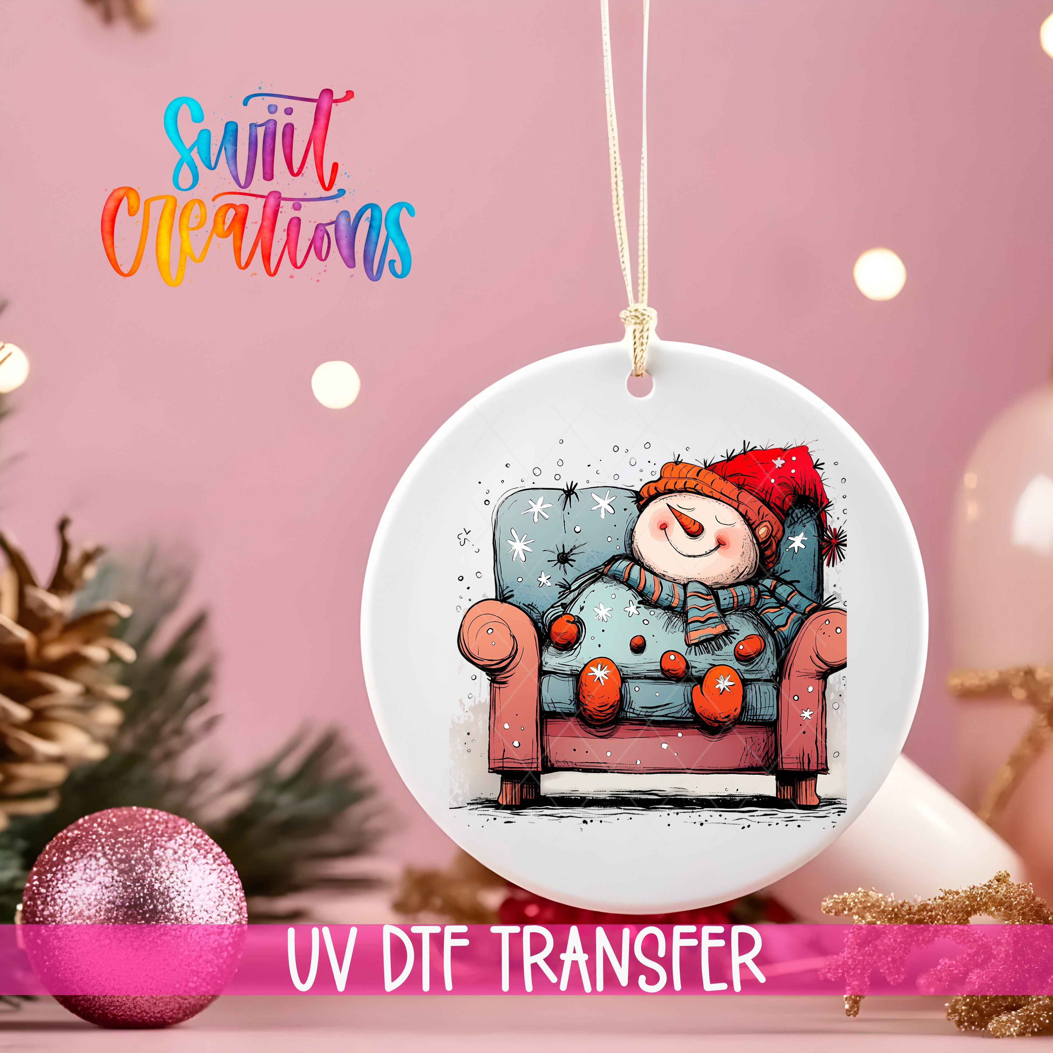 A white ceramic ornament with a snowman sitting in a chair, surrounded by Christmas decorations and a pink background.