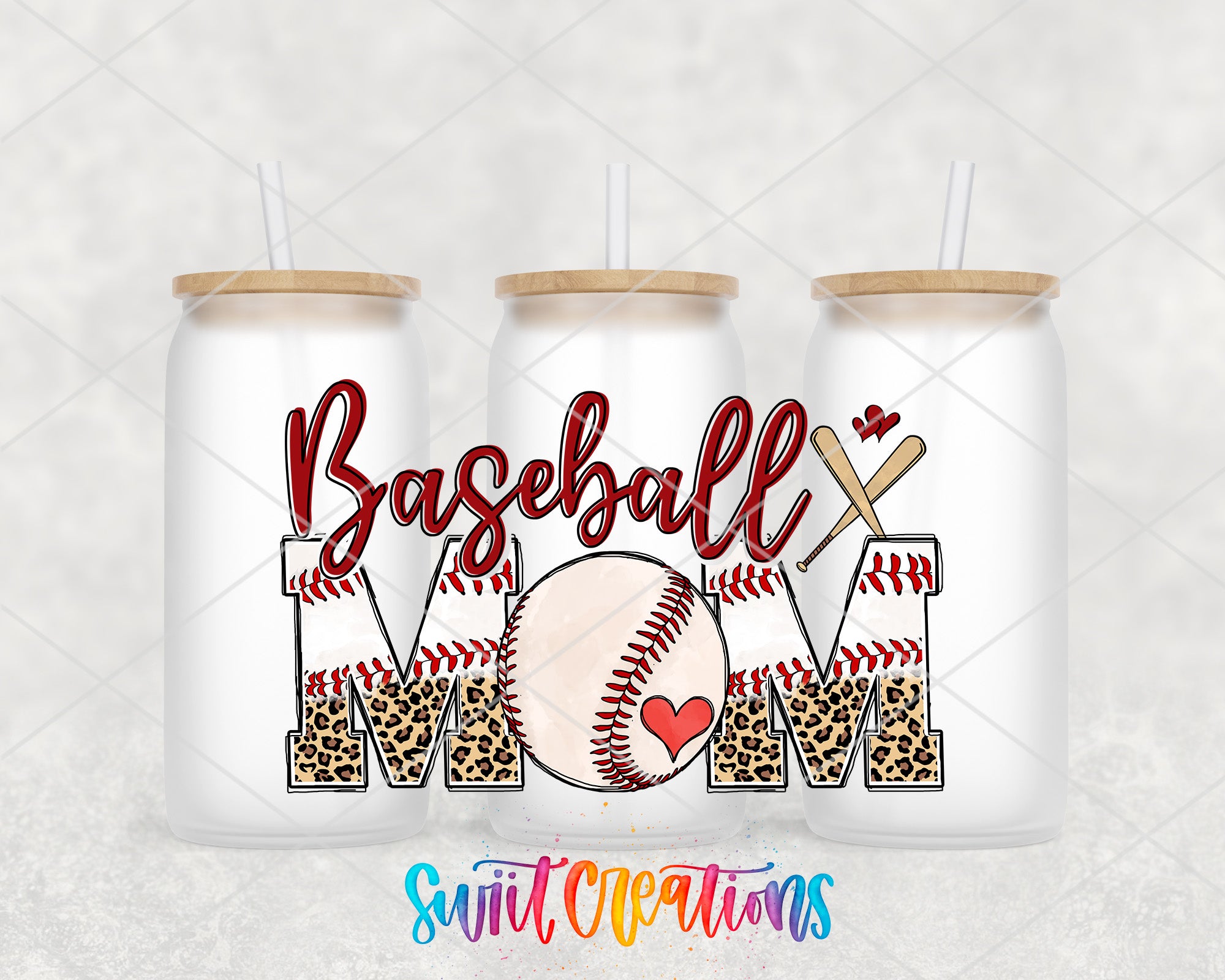 A set of three white tumblers with the text "Baseball Mom" printed on them, along with baseball-themed designs and a leopard print pattern.