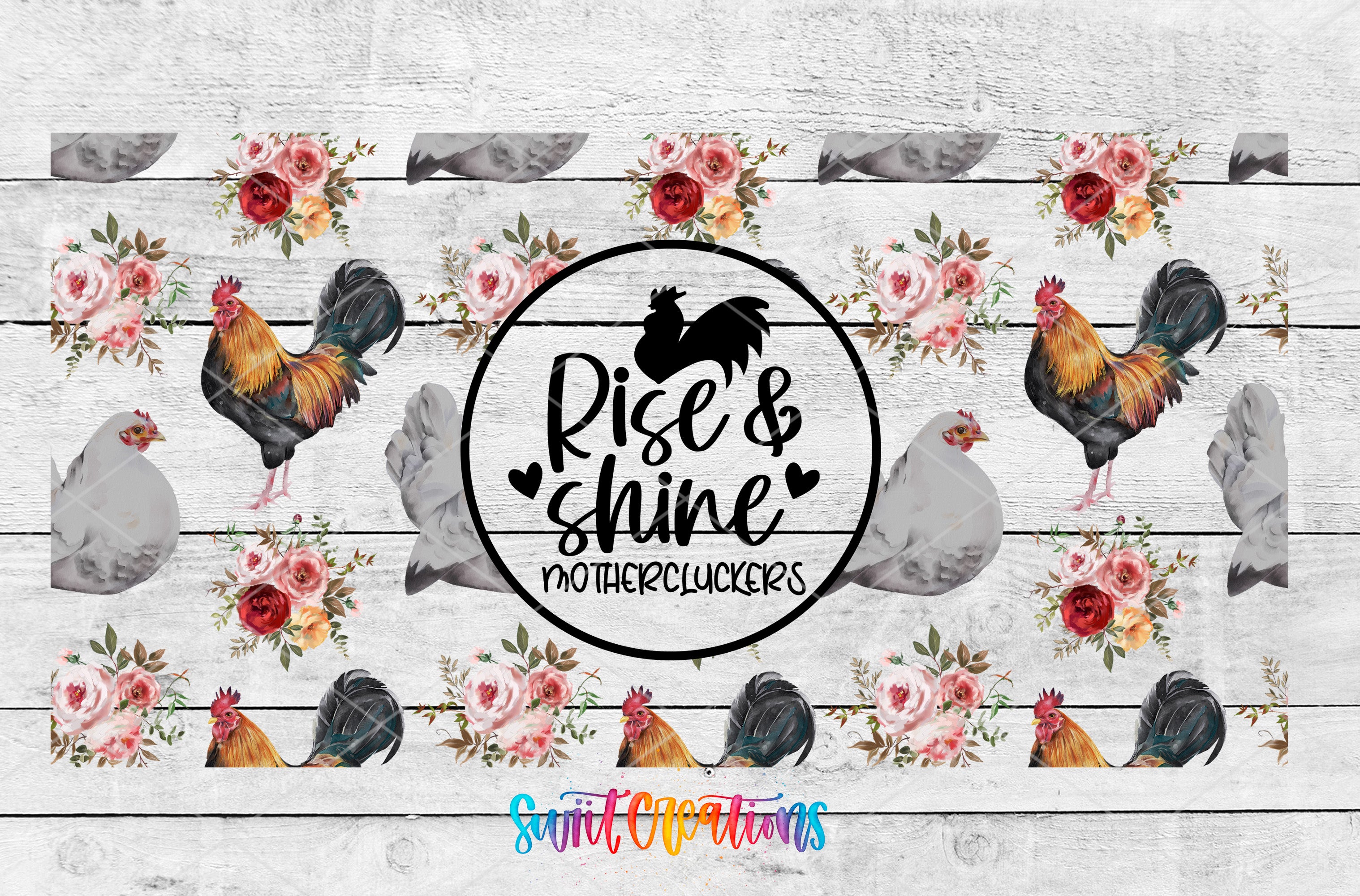 The image is a collage of various farm animals, including roosters, chickens, and other farm animals, arranged in a repeating pattern against a white background. The text "Rise & shine" and "mothercluckers" is prominently displayed in the center of the image.