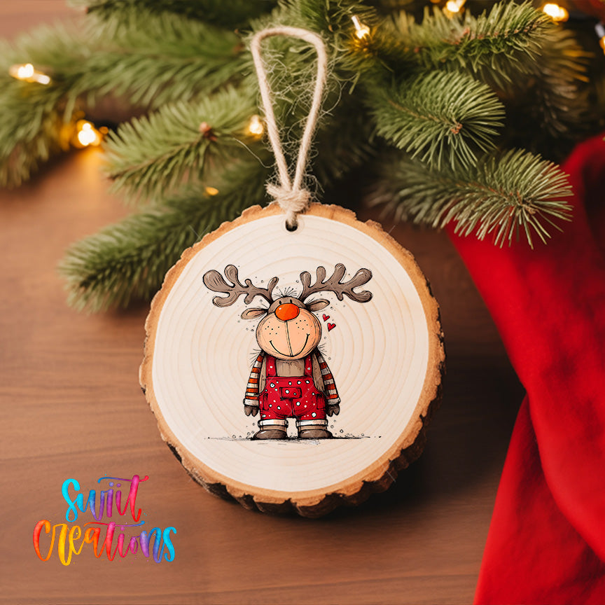 A wooden ornament featuring a cartoon reindeer wearing overalls, hanging on a Christmas tree.