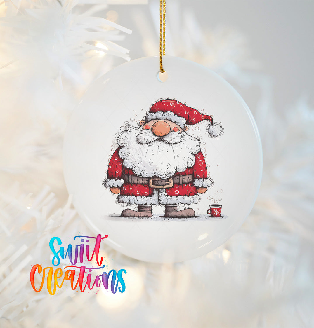 A white ceramic ornament featuring a cartoon illustration of Santa Claus holding a mug, hanging on a Christmas tree.