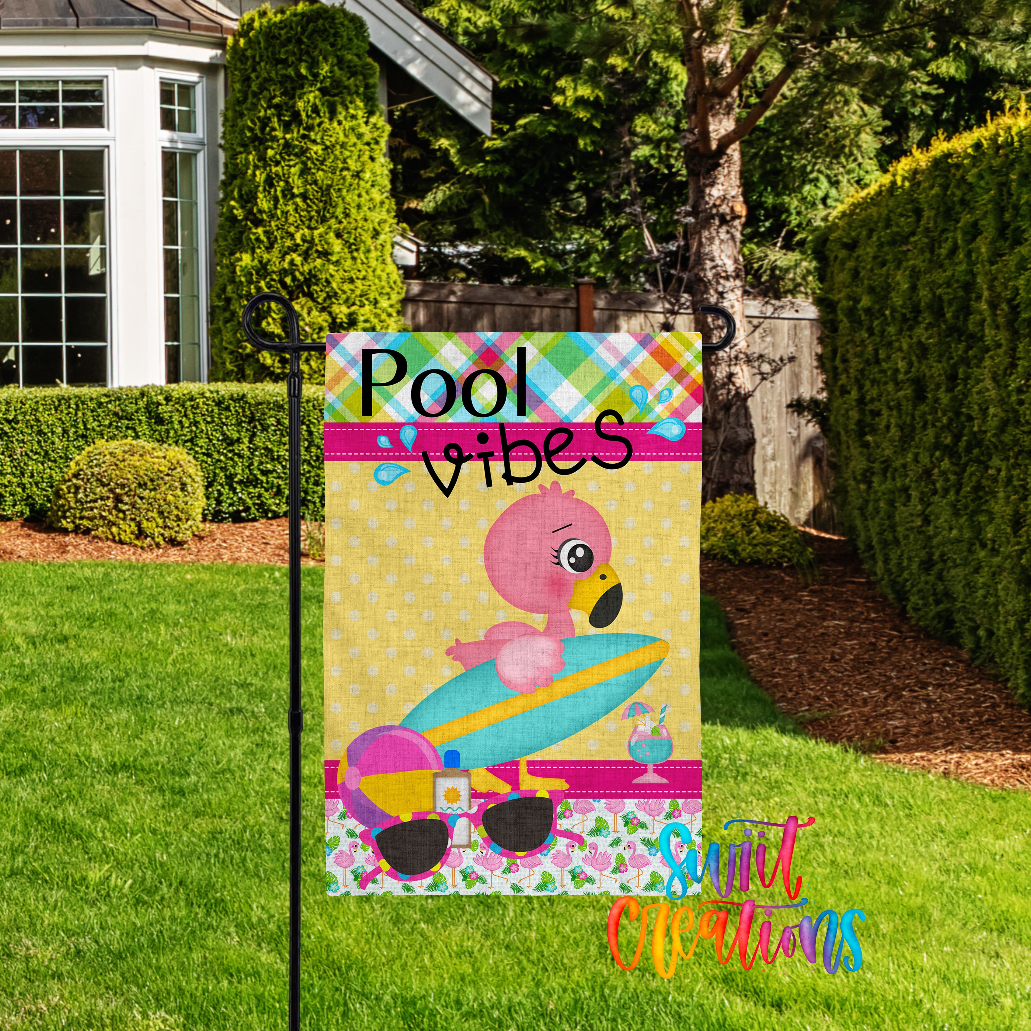 A colorful flag with a pink flamingo and a surfboard, advertising a poolside atmosphere.