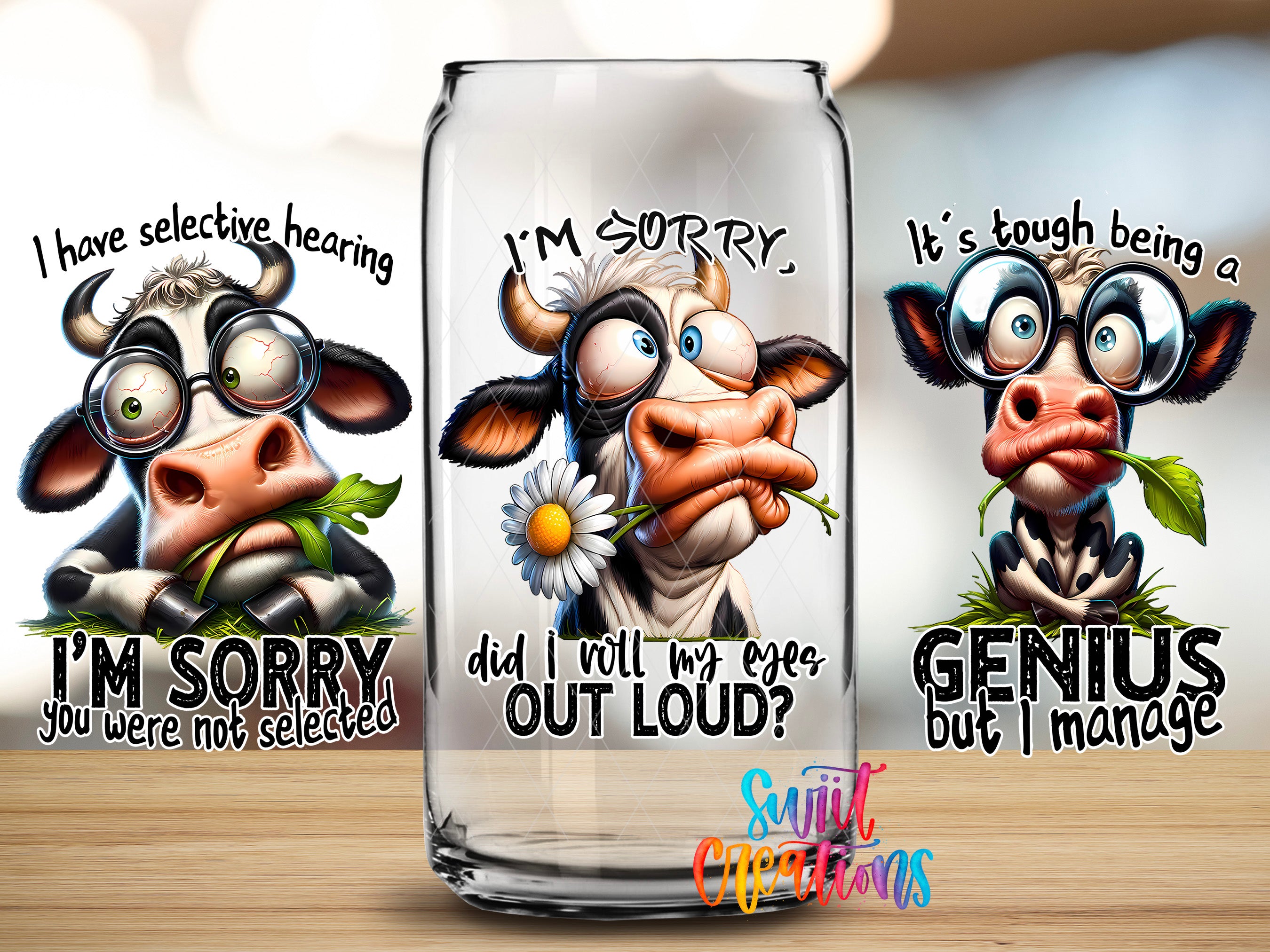 three cartoon cow characters with exaggerated facial features and humorous text, arranged in a row with a glass can in the center.