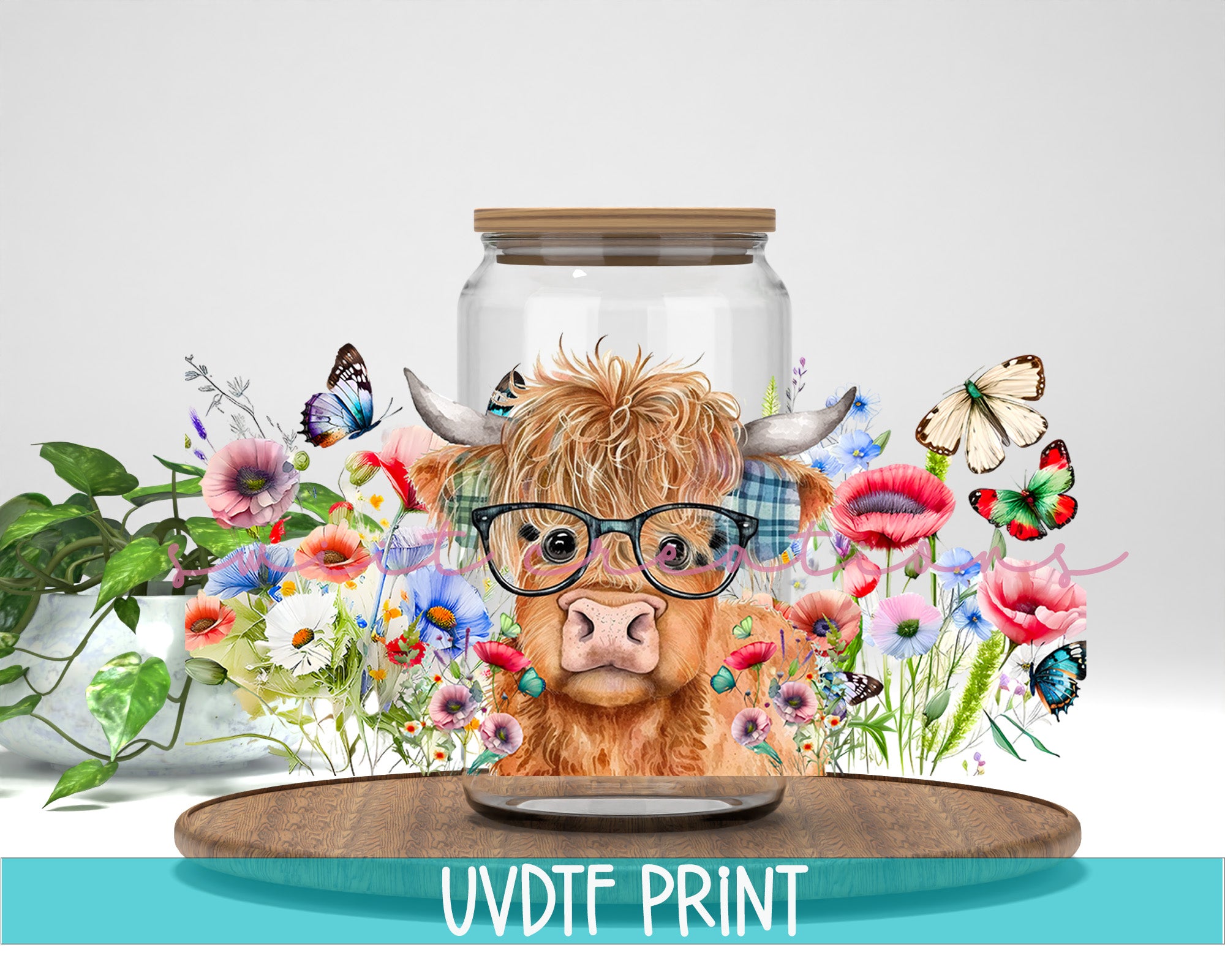 a picture of a cow with glasses and flowers in the background