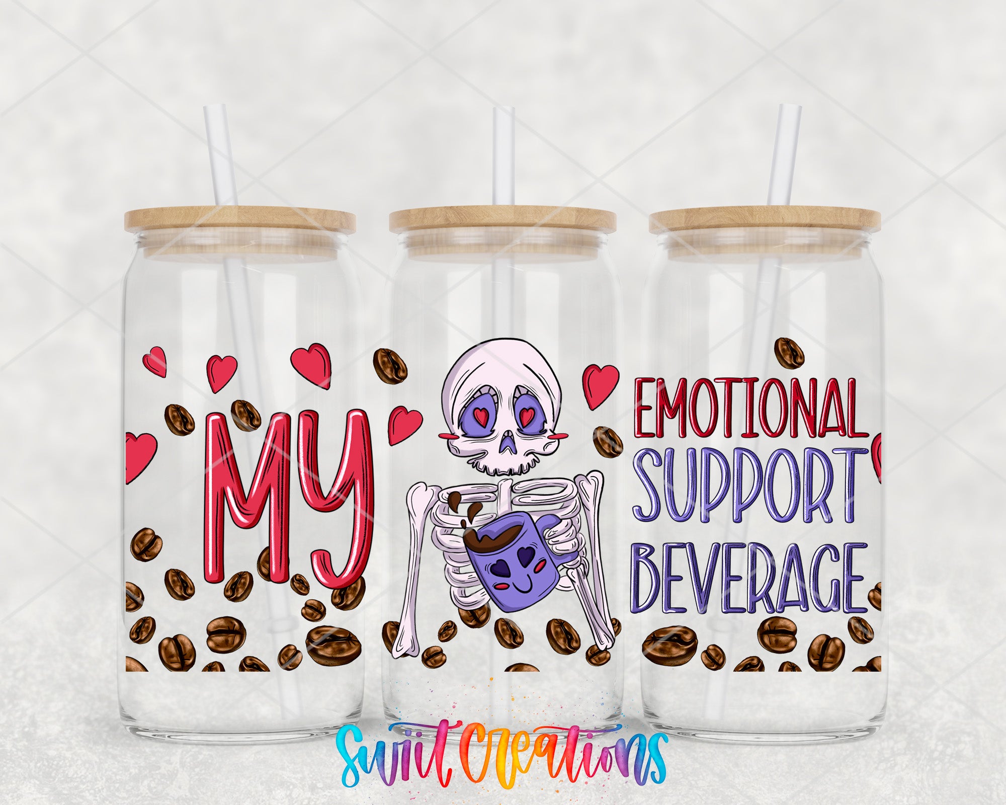 three glass tumblers with unique designs and text on them. The first tumbler has a skeleton holding a coffee cup, the second tumbler has a heart and the third tumbler has a heart and a coffee cup. The text on the tumblers includes "MY", "EMOTIONAL SUPPORT BEVERAGE", and "SULT Creations".