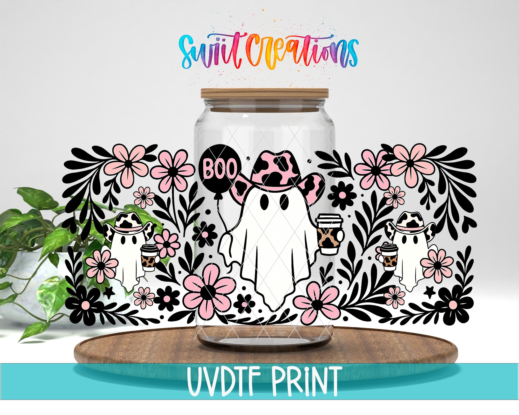 A Halloween-themed mug featuring a ghost wearing a cowboy hat and holding a coffee mug, surrounded by floral designs and the text "Swit Creations".