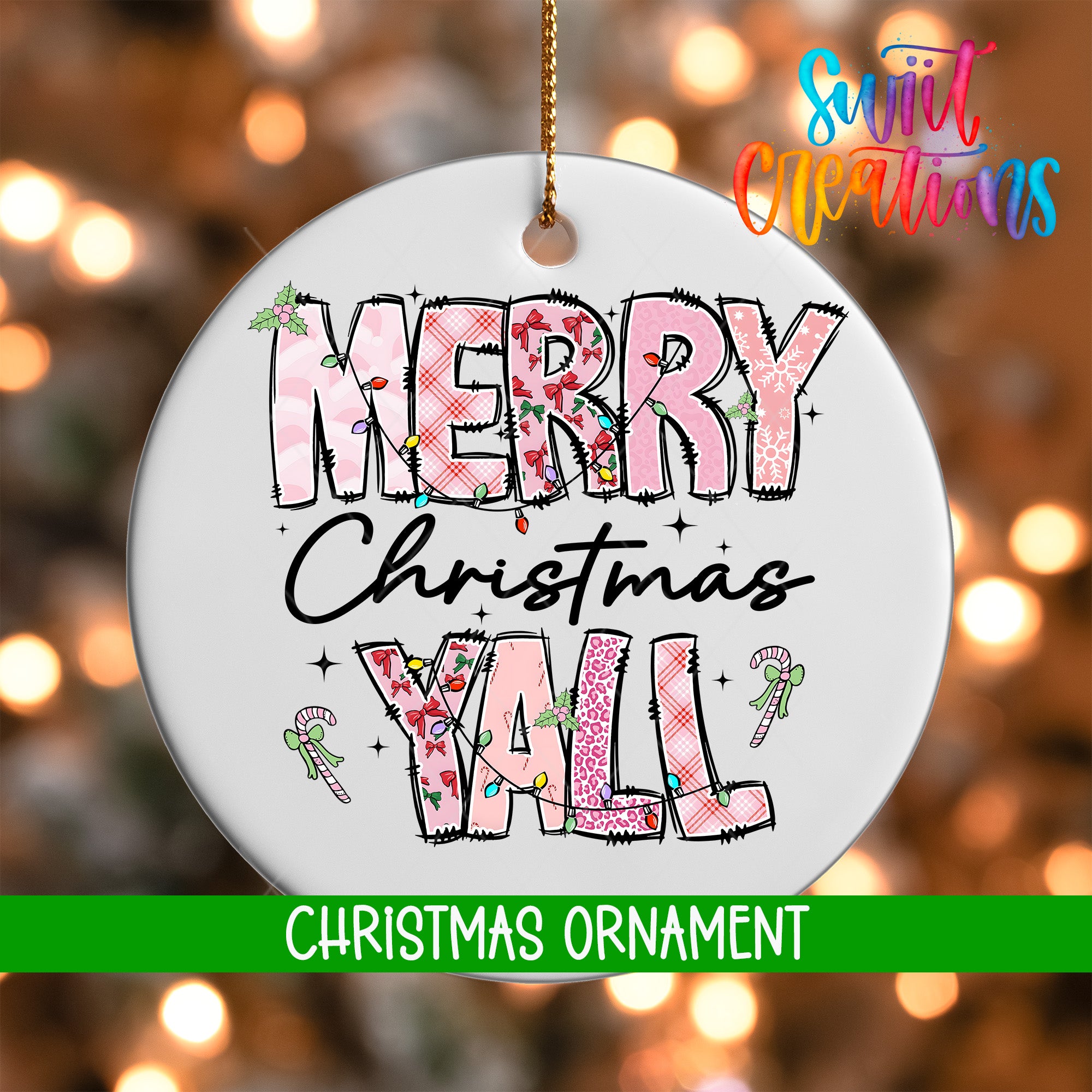 A white Christmas ornament with the text "MERRY CHRISTMAS YALL" in a colorful, stylized font.