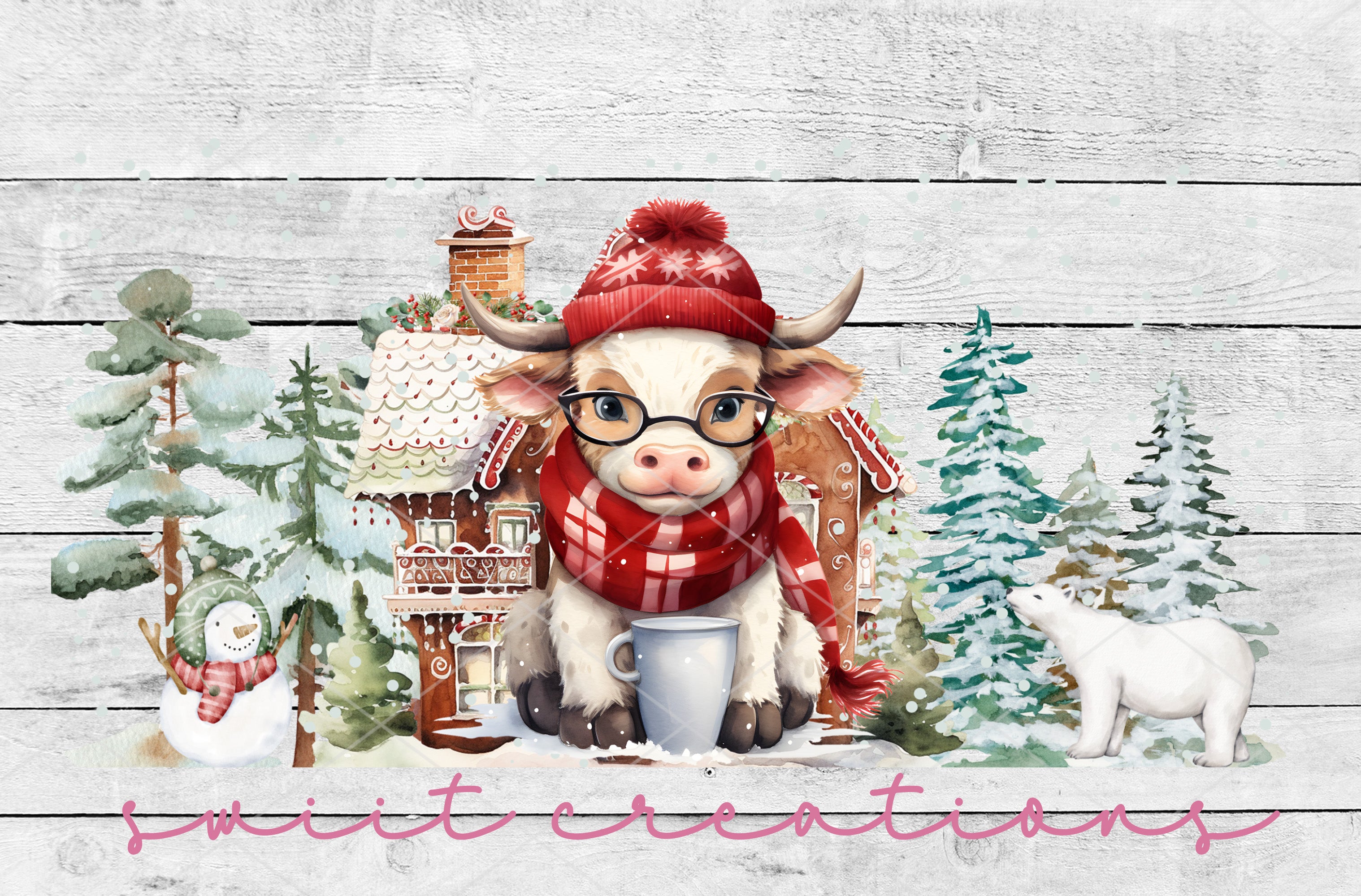 a painting of a cow wearing a red hat and glasses