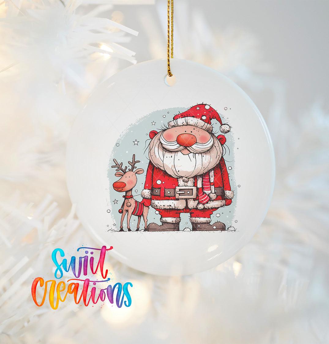A white ornament featuring a cartoon illustration of Santa Claus and a reindeer, with the text "Swift Creations" below the image.
