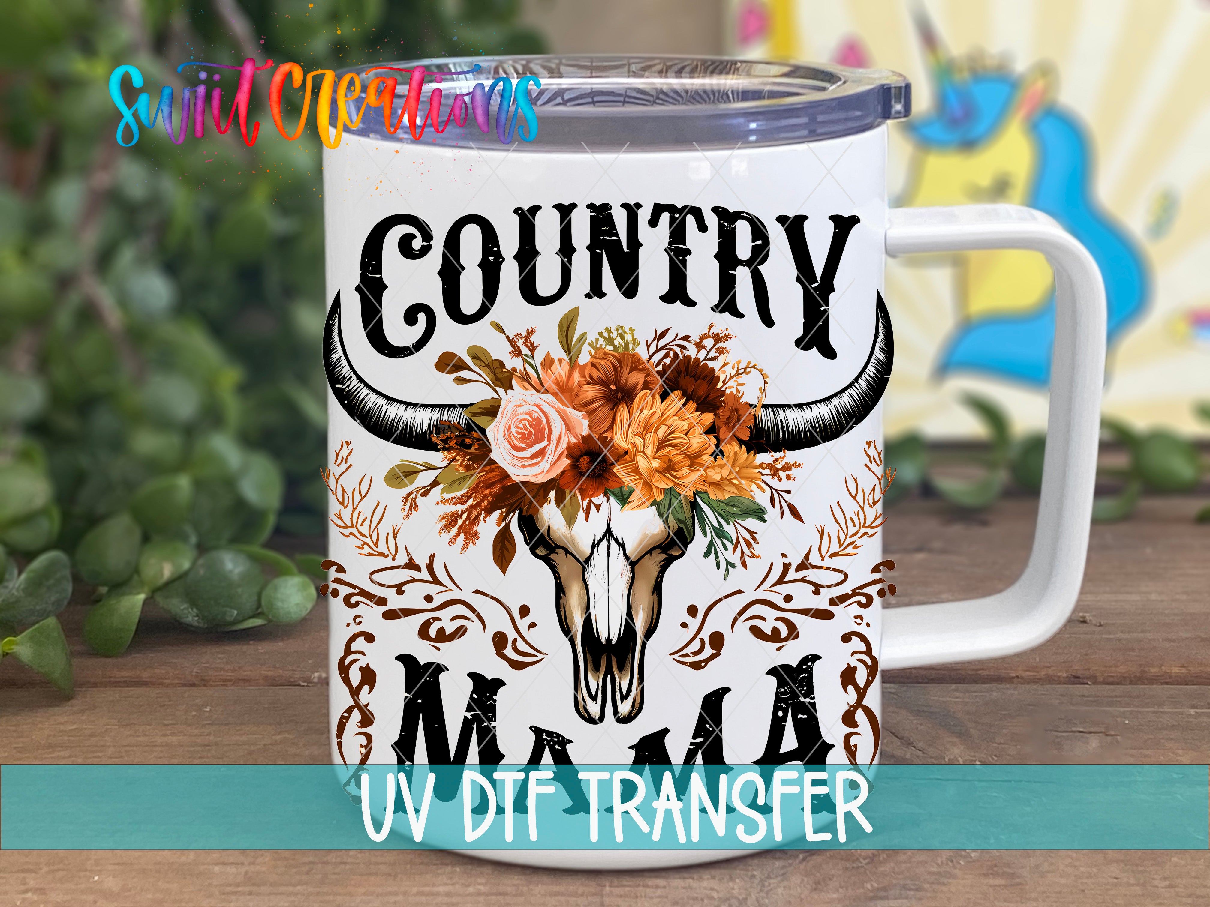 Swiit Creations UV DTF Western Country Mama transfer displayed on a white coffee mug
