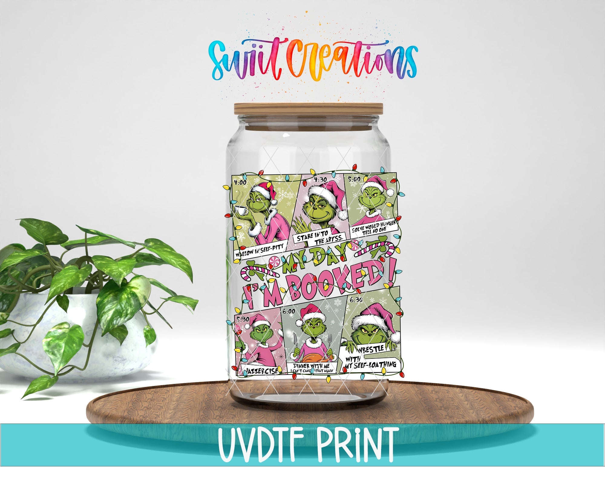 a glass jar with some stickers on it