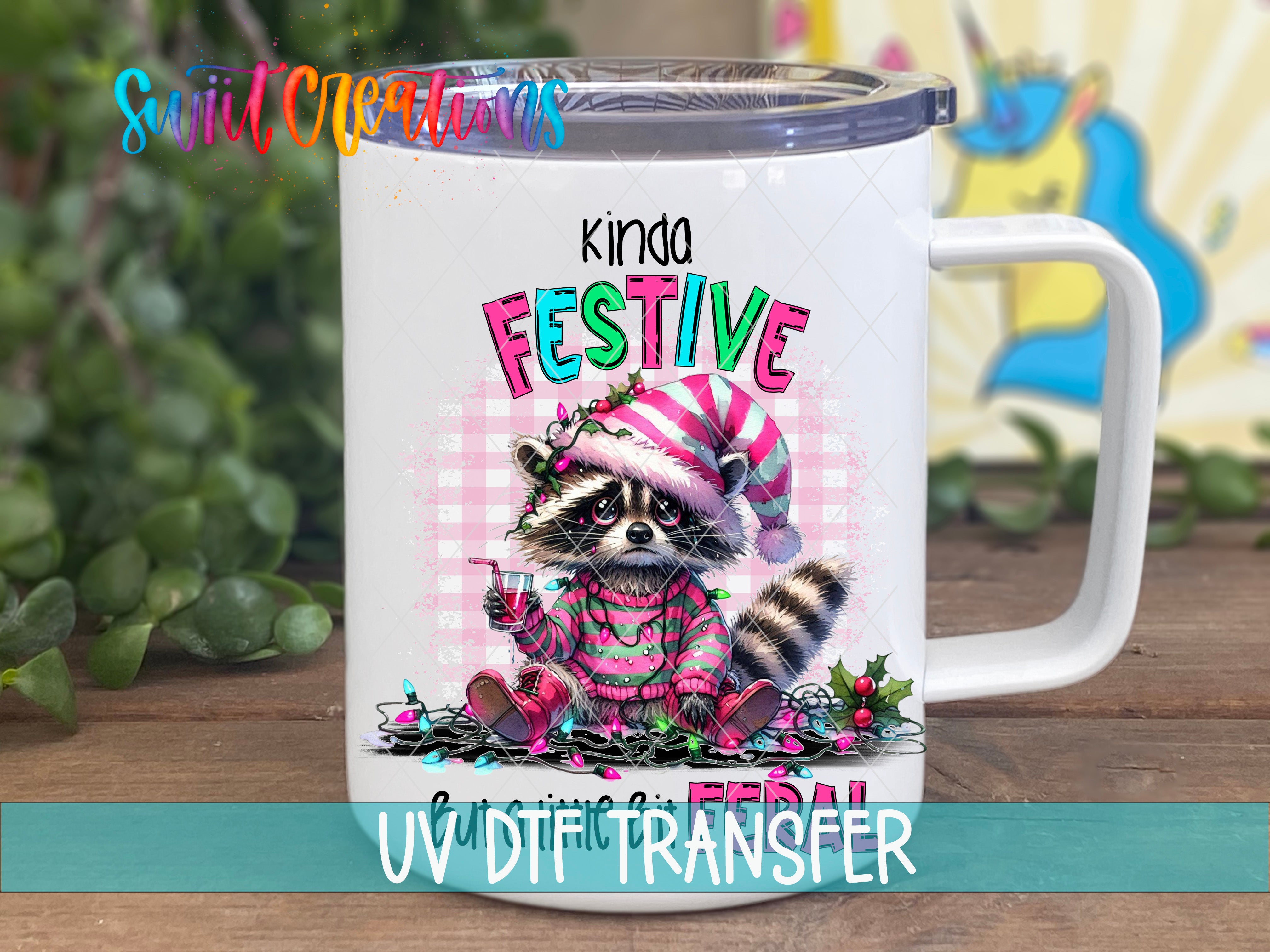 Swiit Creations UV DTF Kinda Festive But a Little Bit Feral transfer displayed on a white coffee mug
