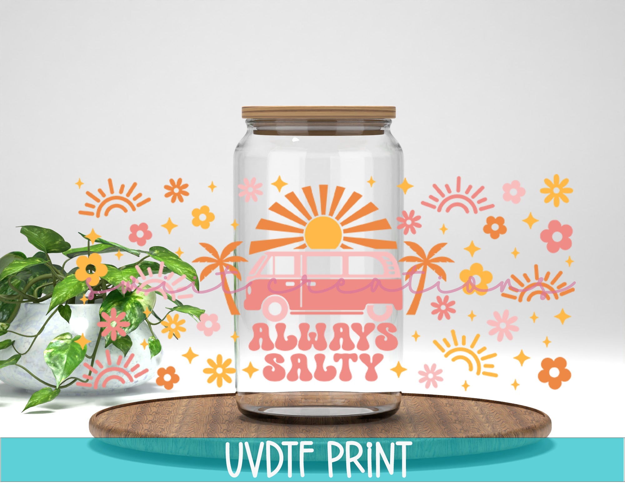a glass jar with a pink van on it
