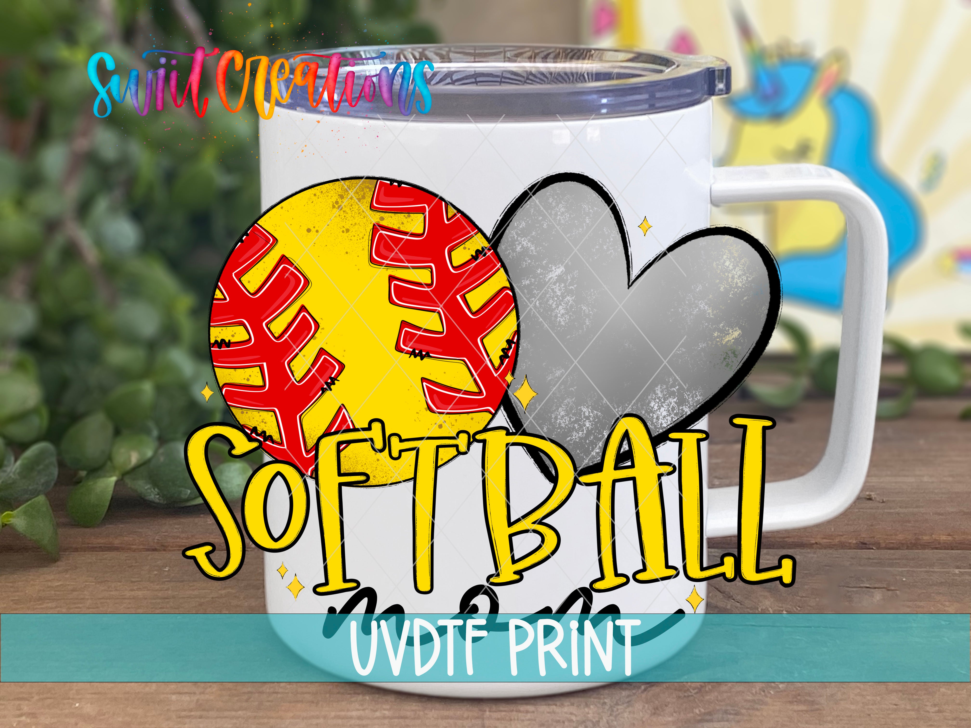 a white coffee mug with a softball design on it