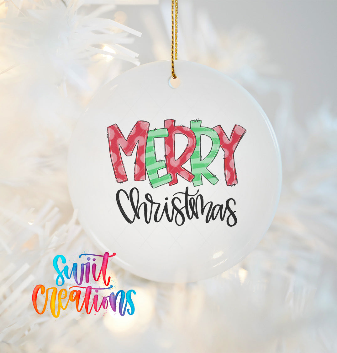 A white Christmas ornament with the text "MERRY CHRISTMAS" printed on it.