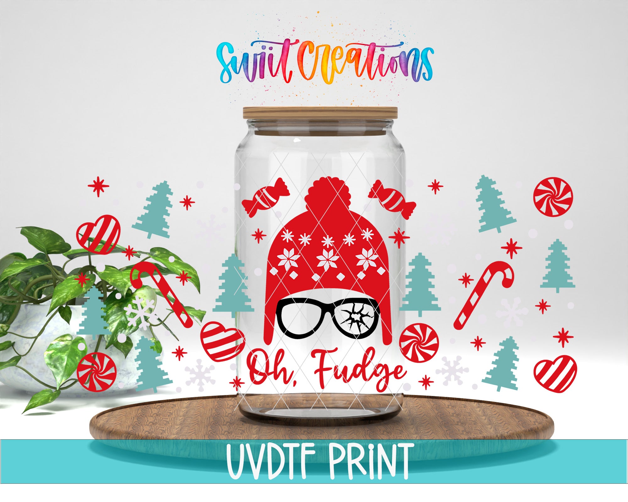 a glass jar with a red hat and glasses design, surrounded by various Christmas-themed elements such as candy canes, snowflakes, and pine trees.