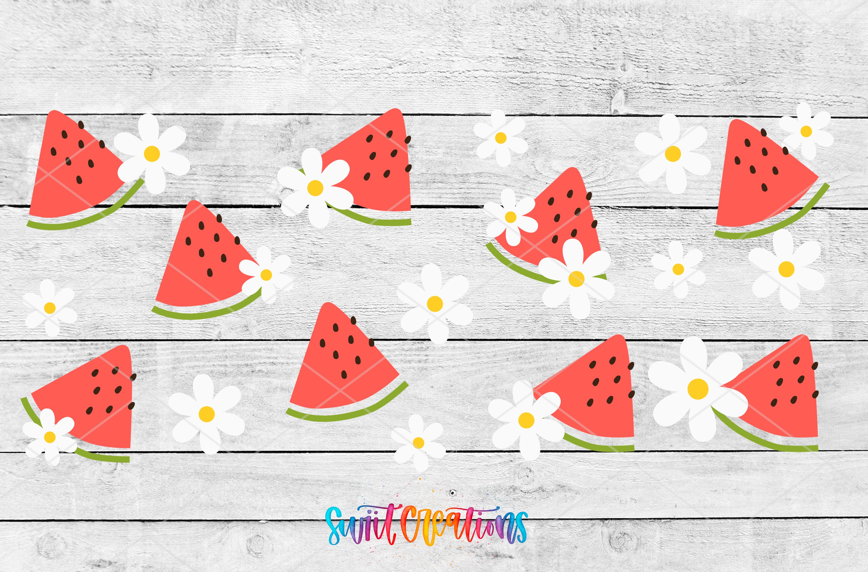 a collection of watermelon slices and white flowers arranged on a wooden background.