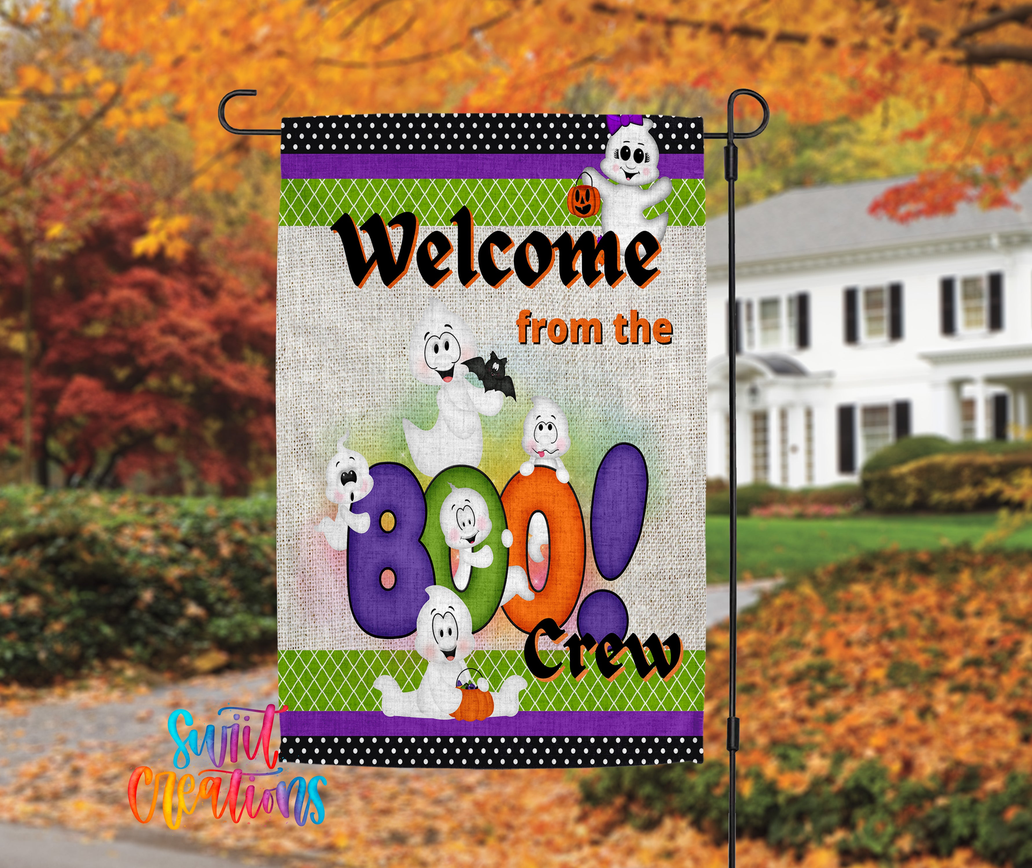 A colorful yard sign with a Halloween theme, featuring cartoon ghost characters and the text "Welcome from the Boo Crew".