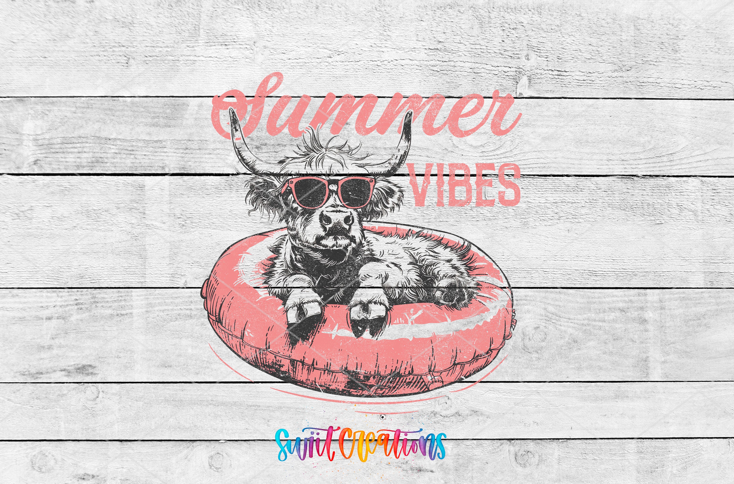 Swiit Creations UV DTF Summer Vibes Highland Cow transfer shown as the full artwork preview