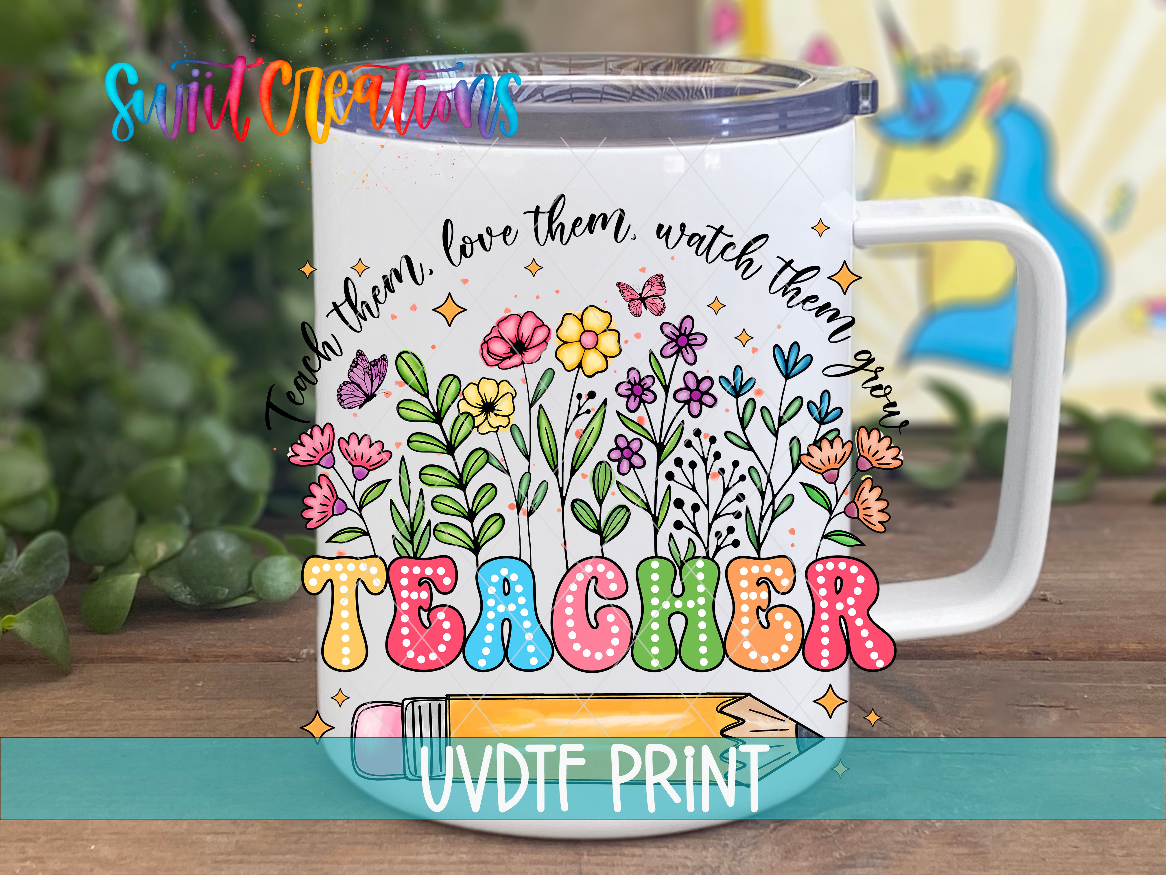a coffee mug with the words teacher painted on it