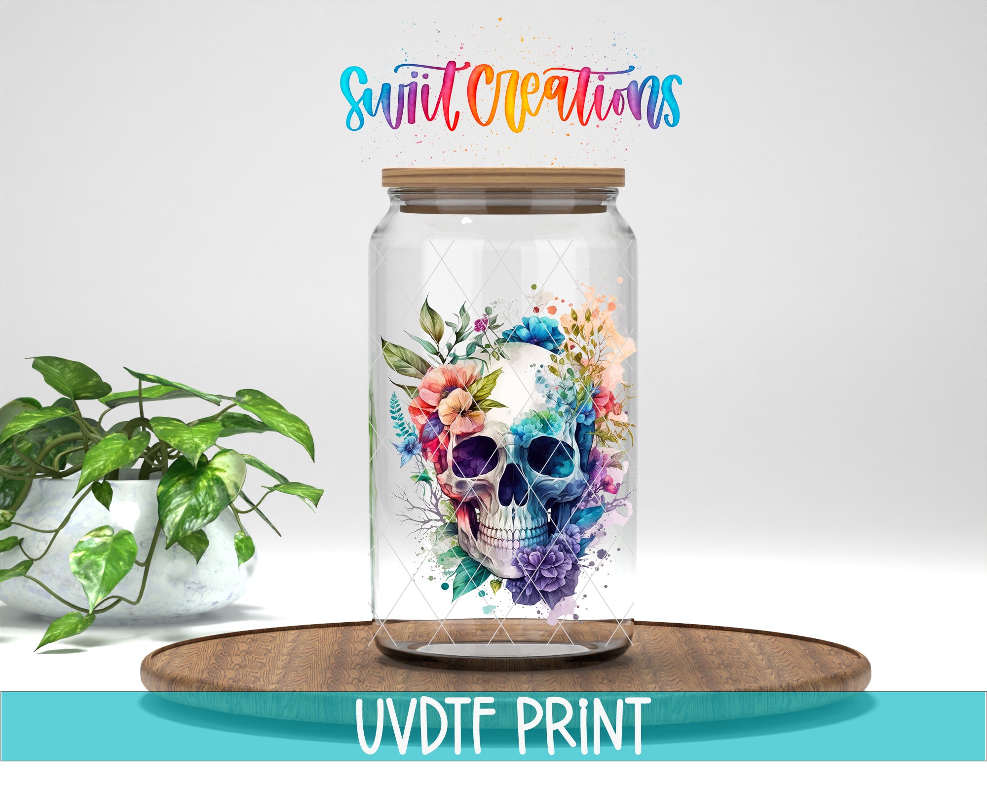 a glass jar with a colorful floral design inside, placed on a wooden surface. The jar is surrounded by a variety of colorful flowers and leaves, creating a vibrant and artistic display.