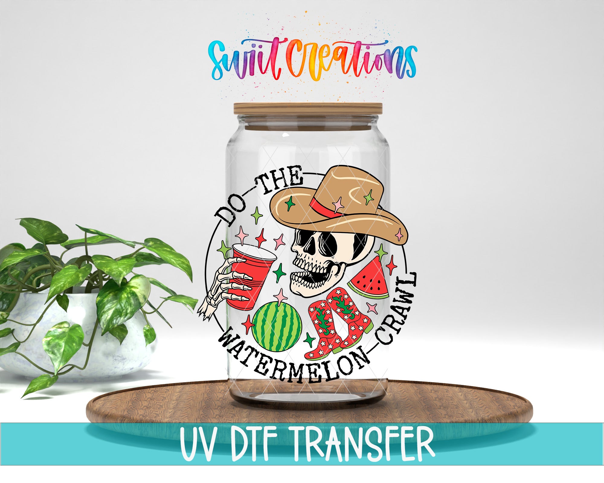 a glass jar with a cartoon skull wearing a cowboy hat and holding a red cup, surrounded by various fruits and a watermelon. The jar is placed on a wooden surface, and there is a plant in the background.