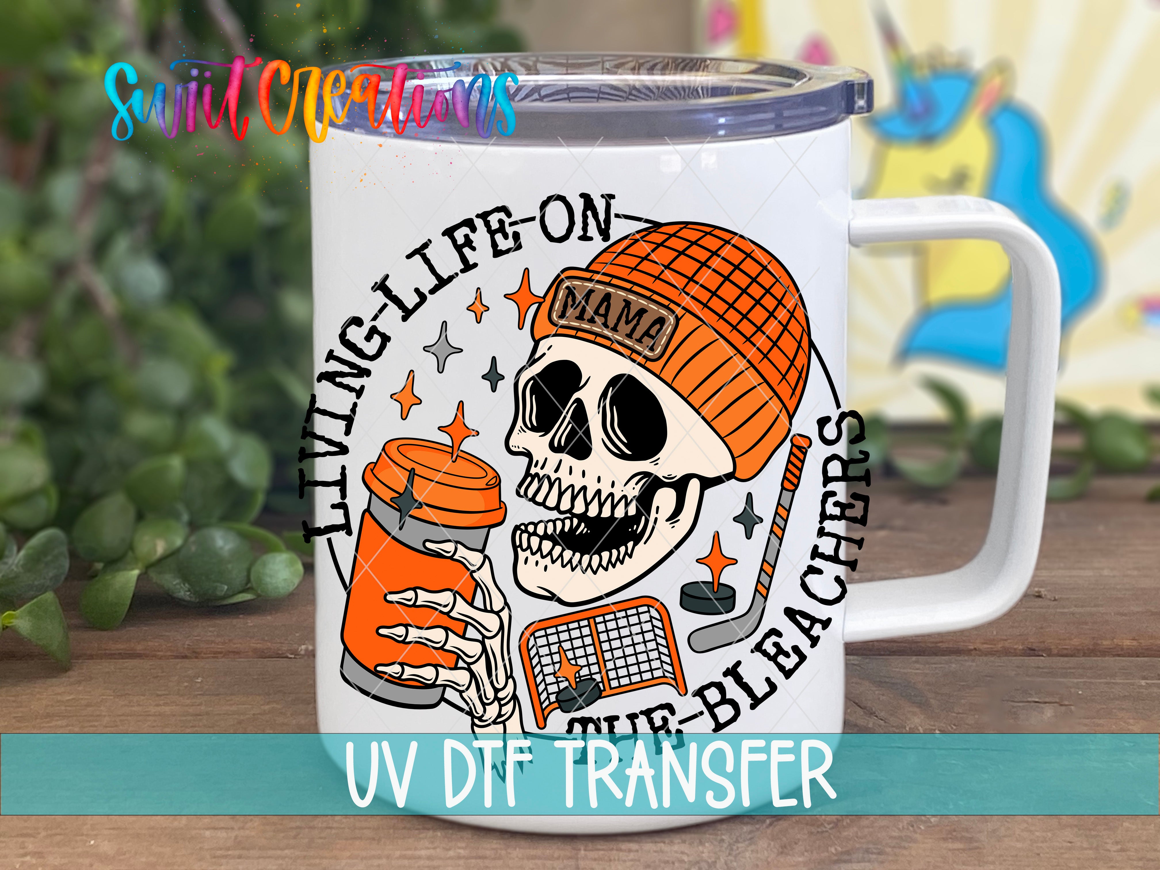 Swiit Creations UV DTF Living Life on the Bleachers Hockey transfer displayed on a white coffee mug