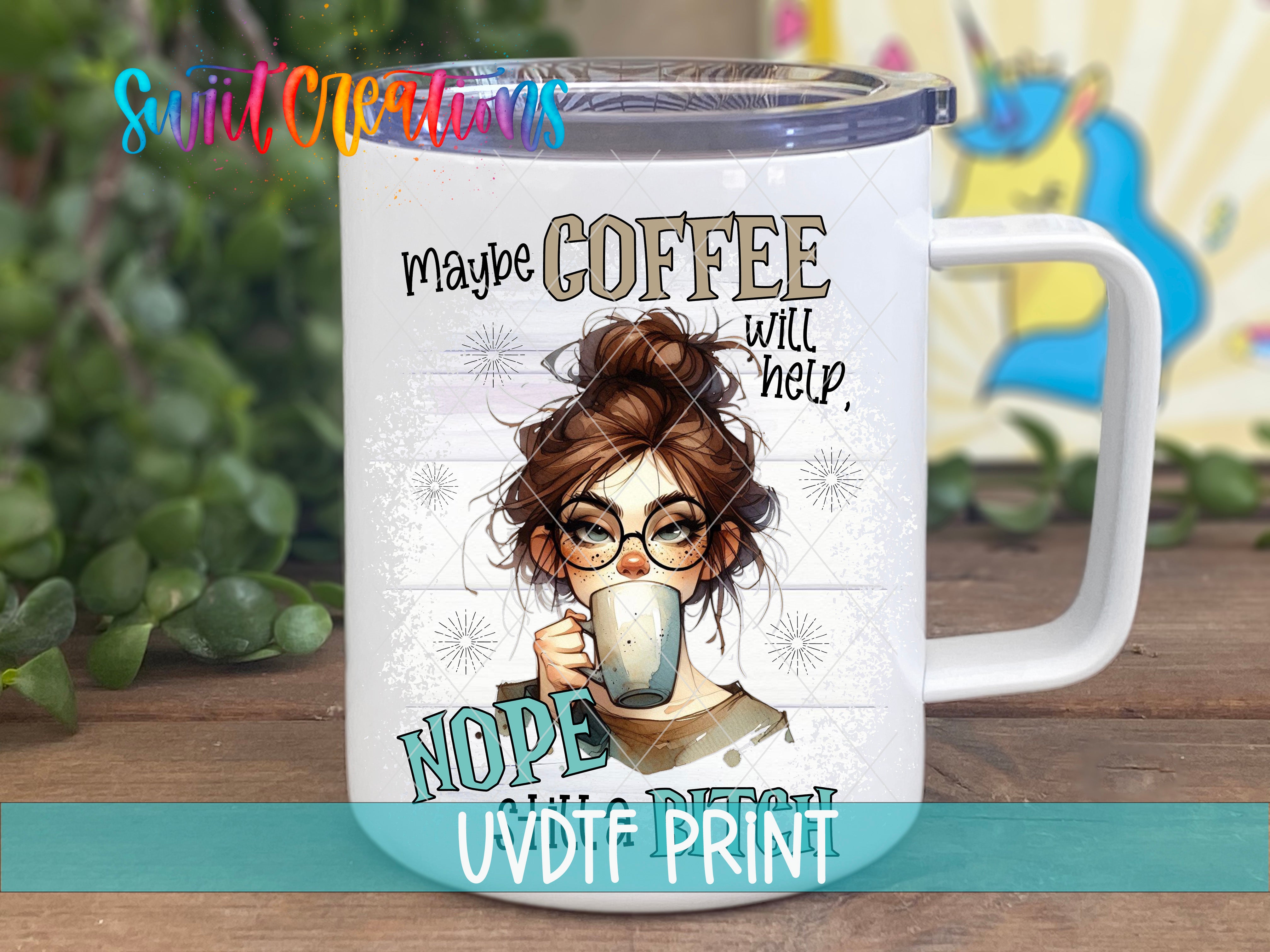 a coffee mug with a picture of a woman holding a cup of coffee