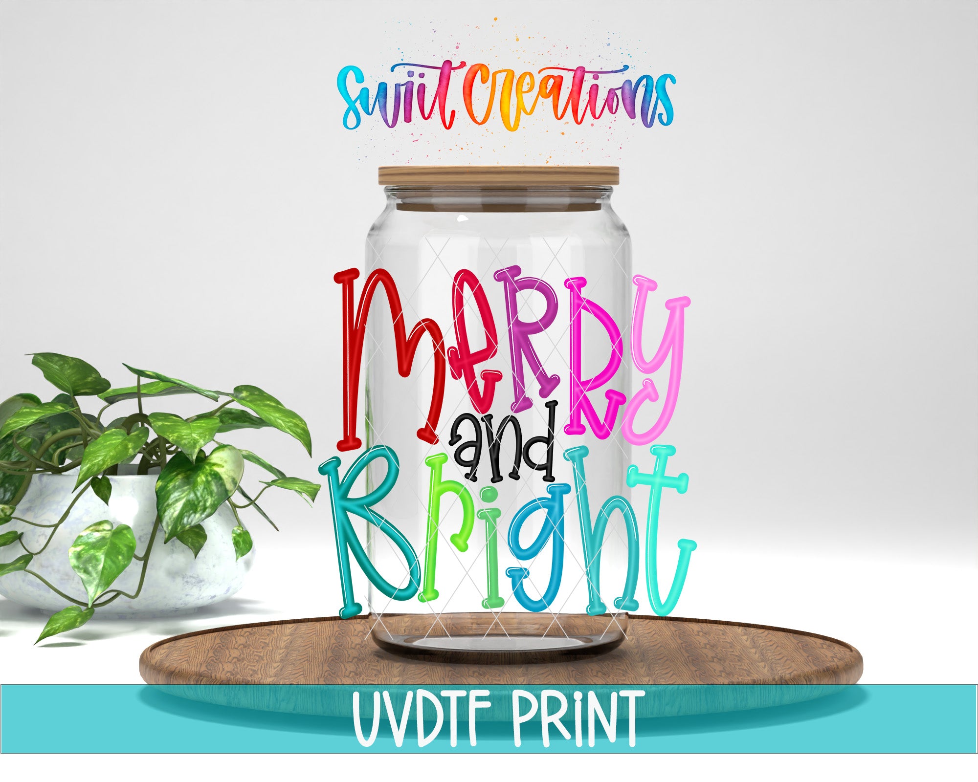 a jar with a merry and bright sign on top of it