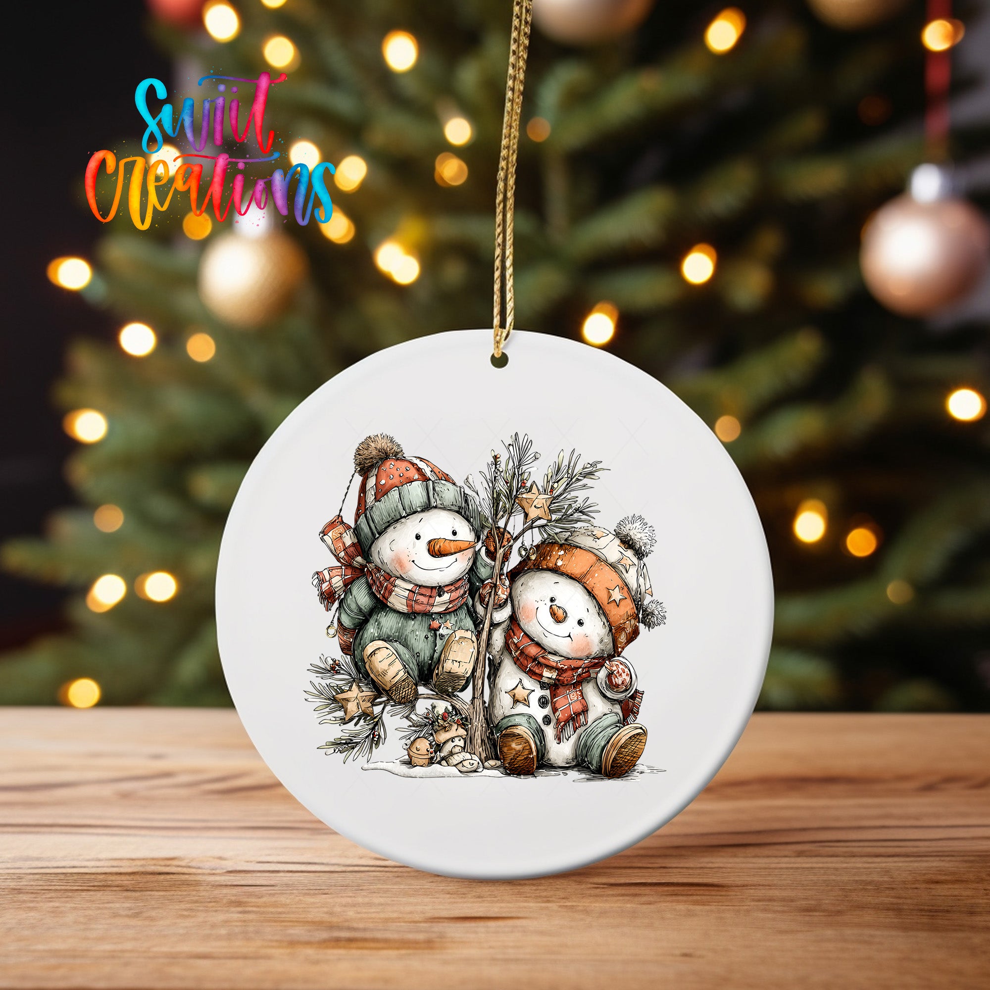 A white ceramic ornament featuring two snowmen sitting on a branch, with a background of twinkling Christmas lights.