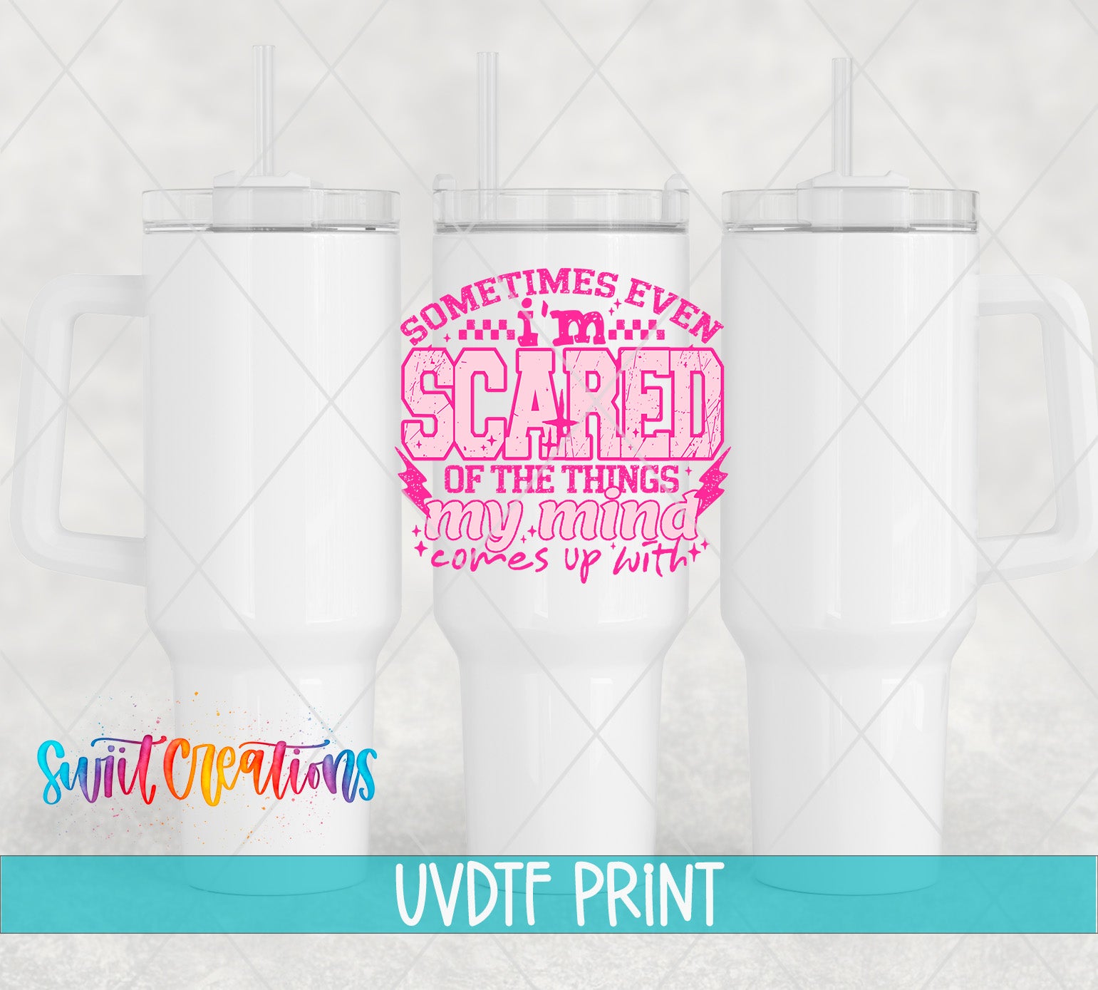 three white tumblers with a pink and black graphic design on them.